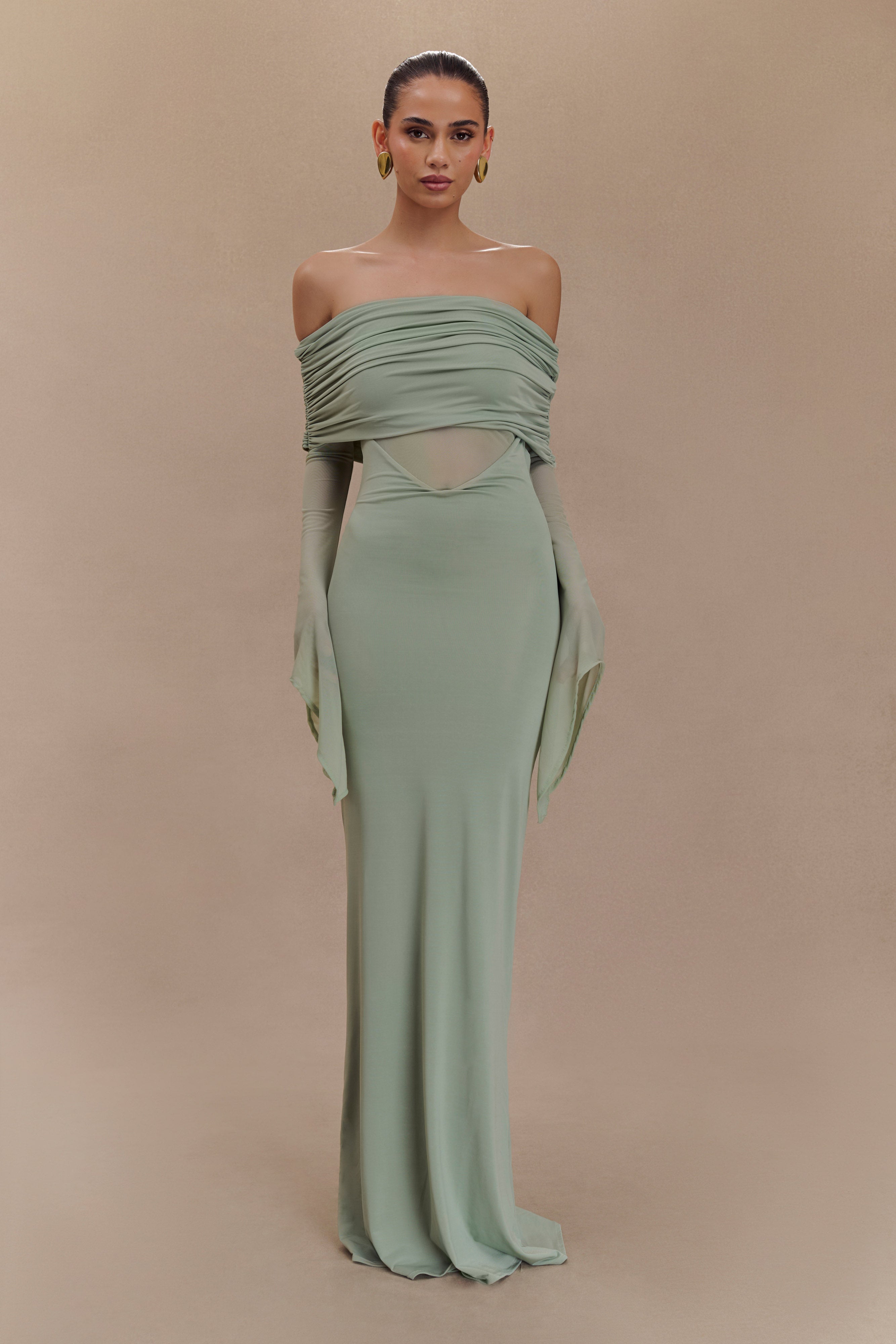 Kaitlin One Shoulder Slinky And Mesh Maxi Dress - Basil - Image 5