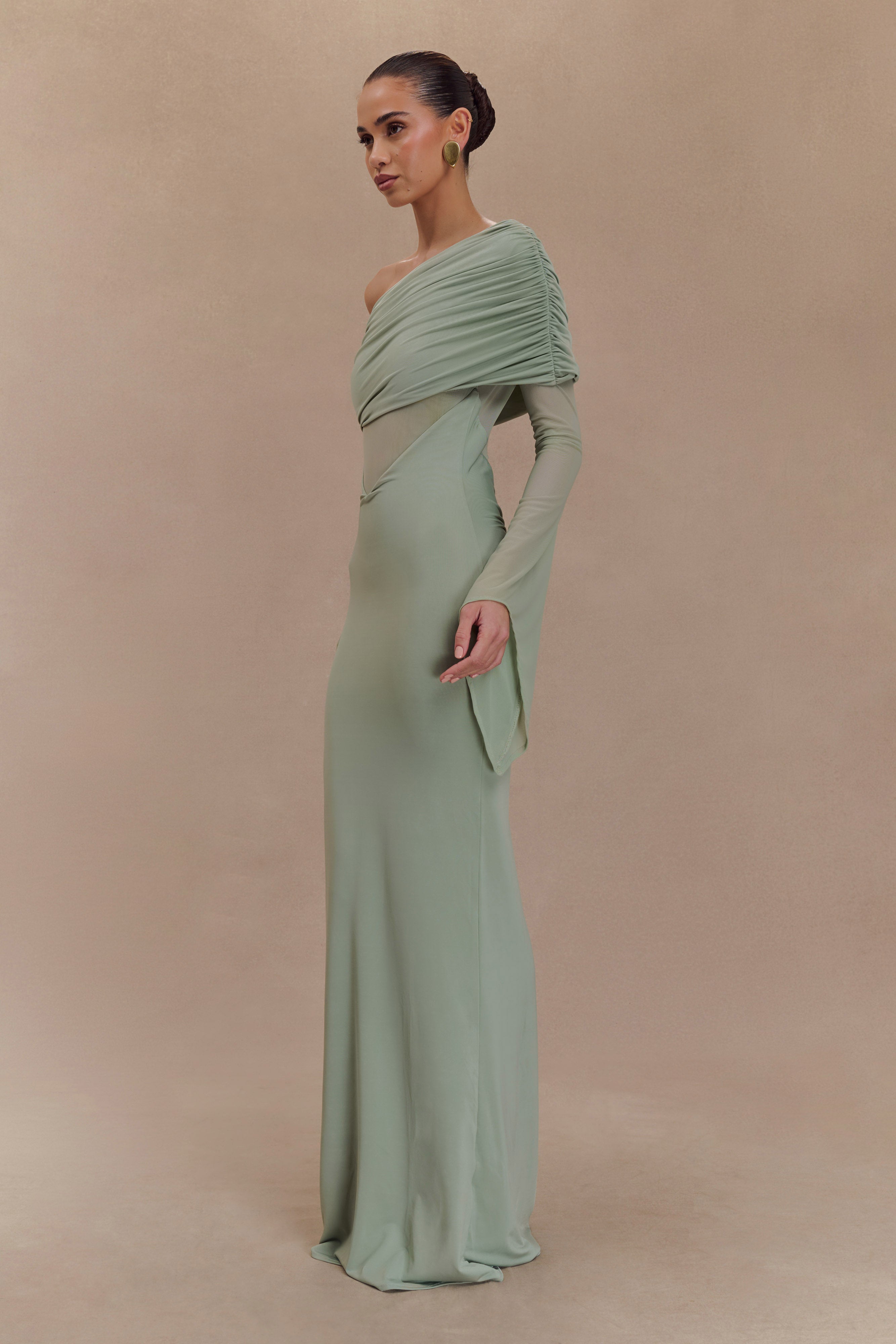 Kaitlin One Shoulder Slinky And Mesh Maxi Dress - Basil - Image 3