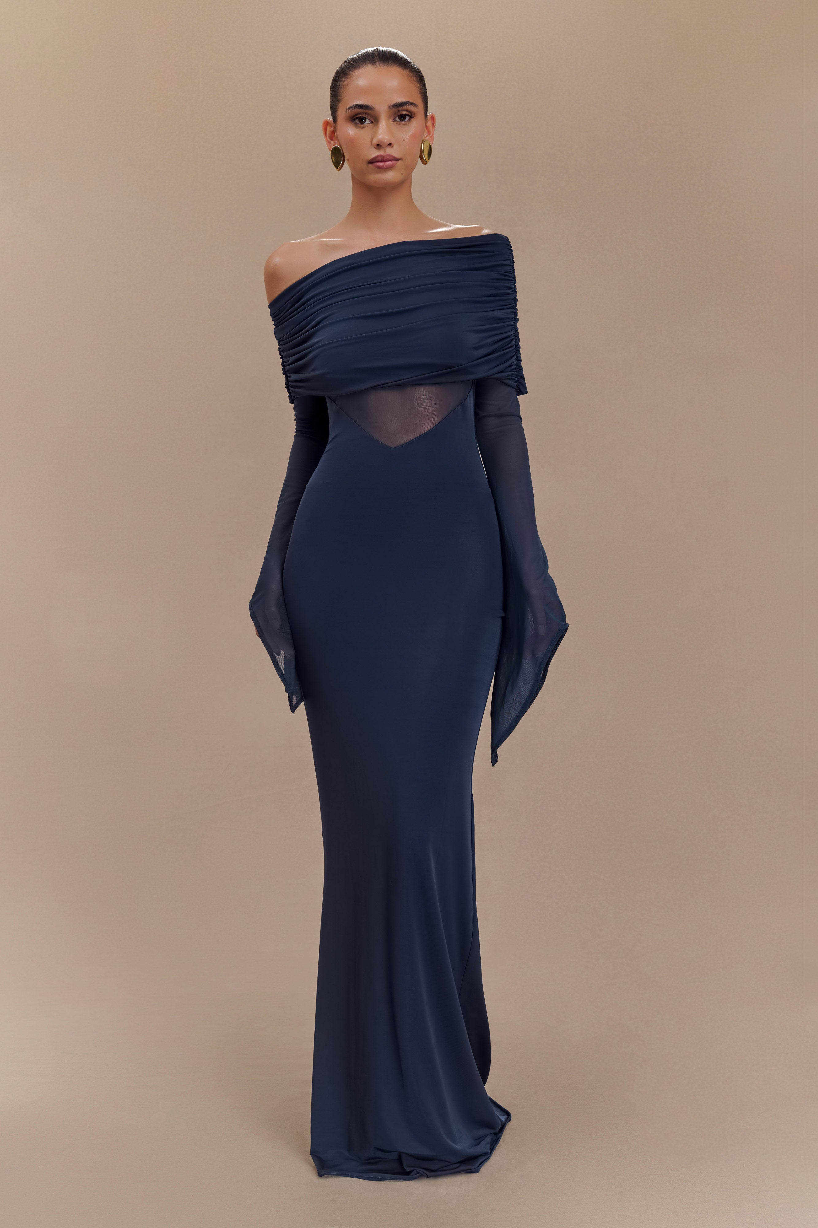Kaitlin One Shoulder Slinky And Mesh Maxi Dress - Midnight Blue - Image 5