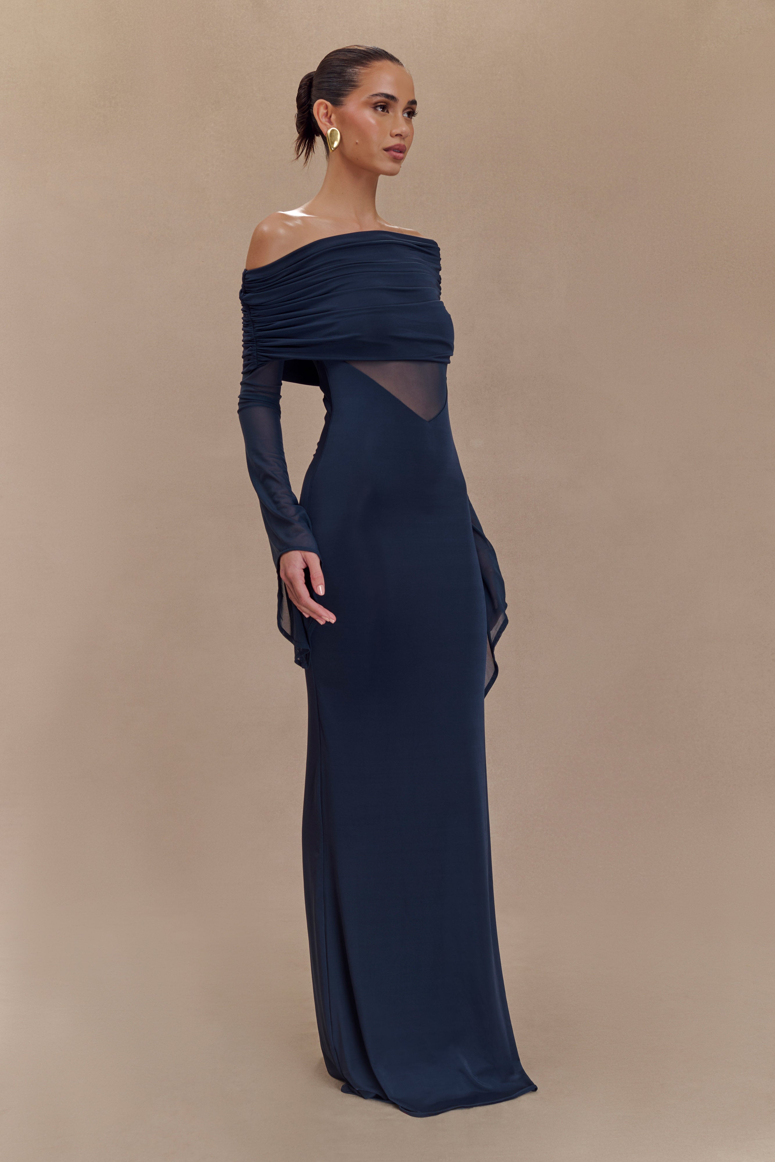 Kaitlin One Shoulder Slinky And Mesh Maxi Dress - Midnight Blue - Image 4