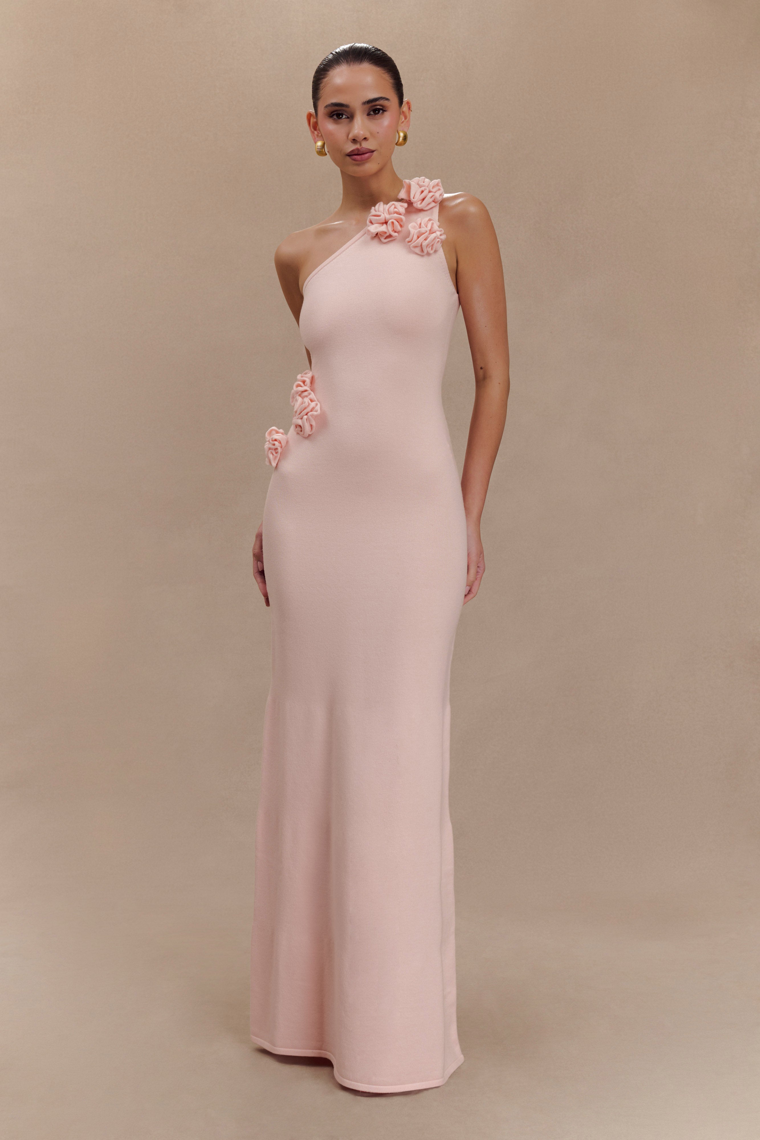 Paloma One Shoulder Knit Maxi Dress With Flowers - Baby Pink - Image 5