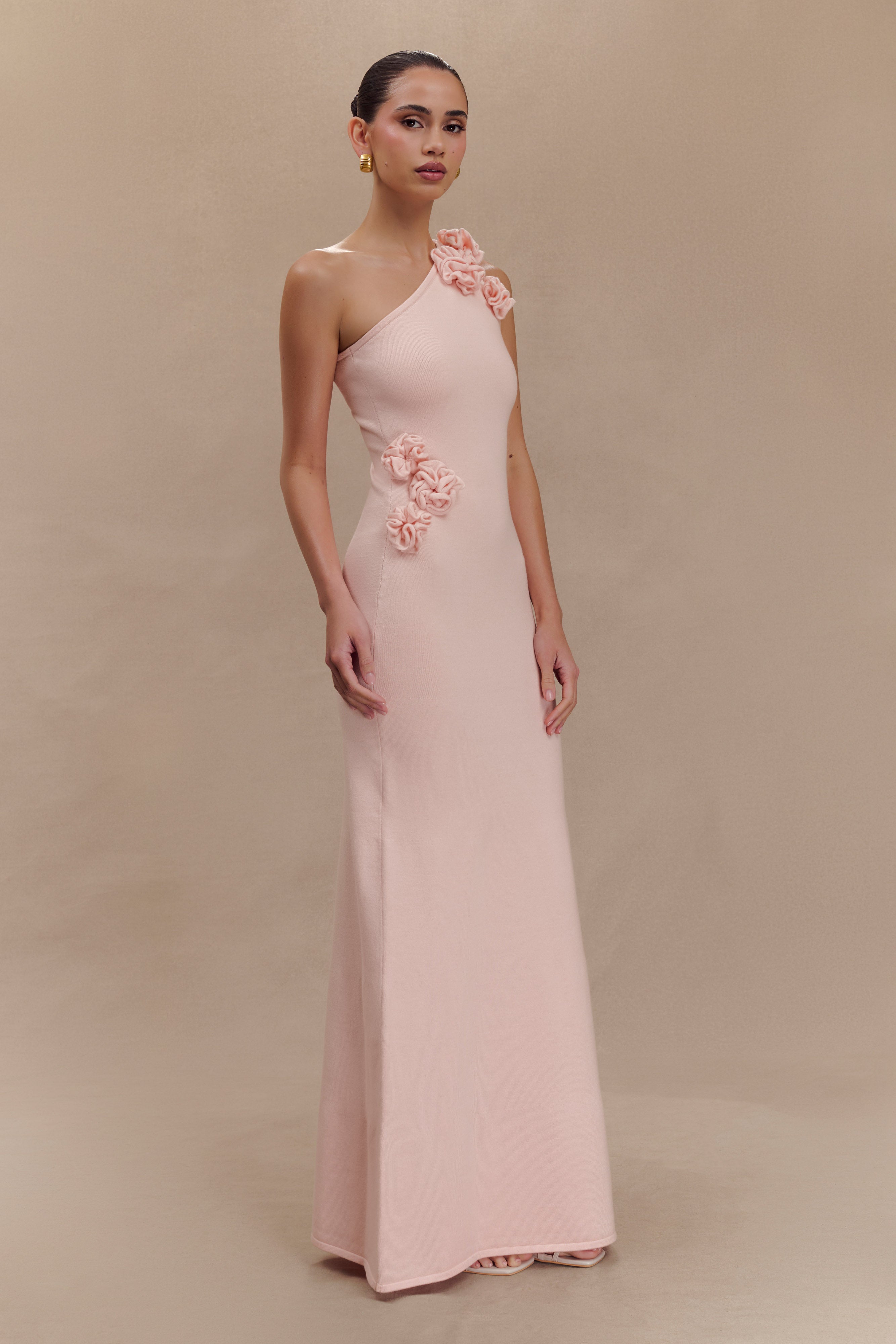Paloma One Shoulder Knit Maxi Dress With Flowers - Baby Pink - Image 4
