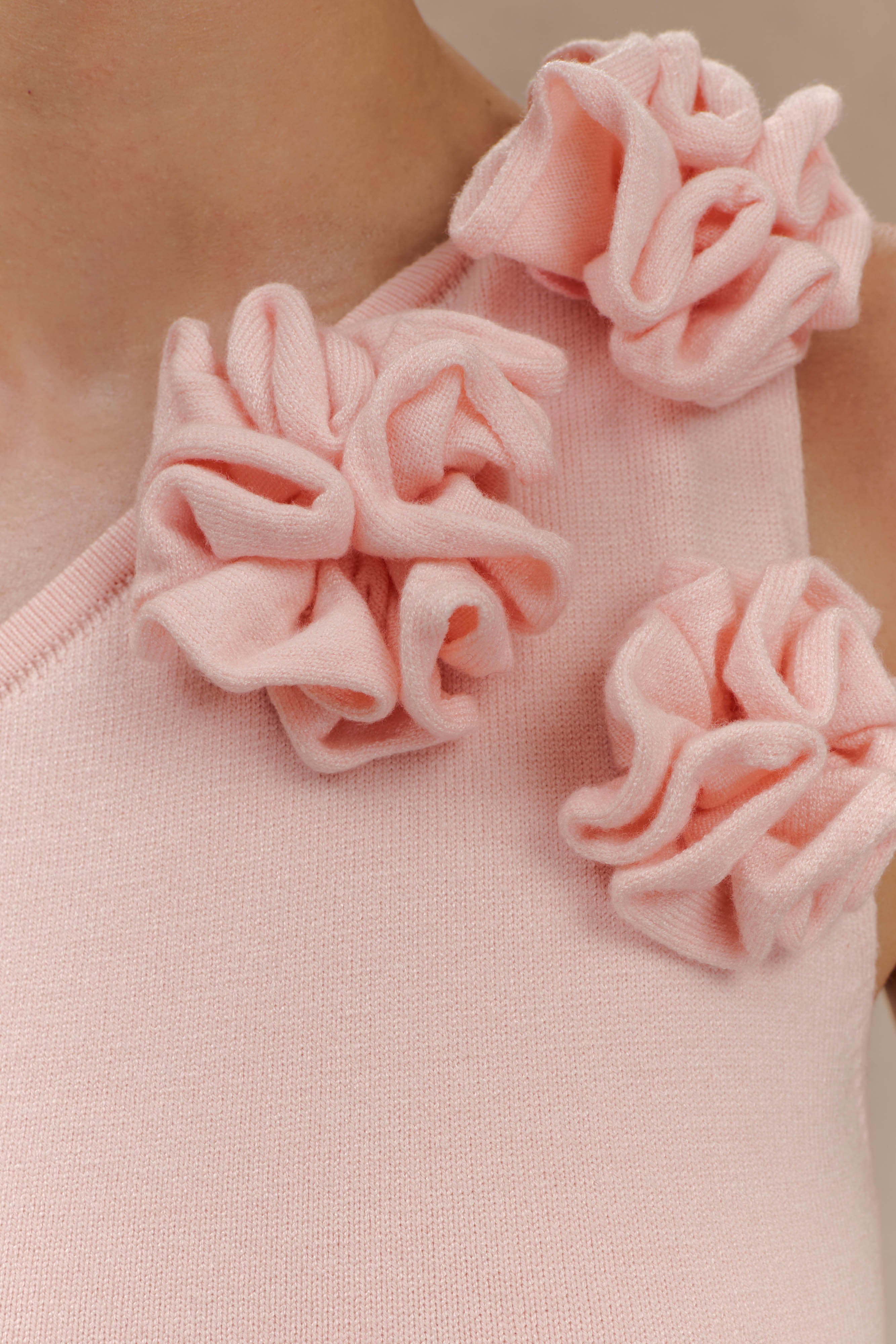 Paloma One Shoulder Knit Maxi Dress With Flowers - Baby Pink - Image 6