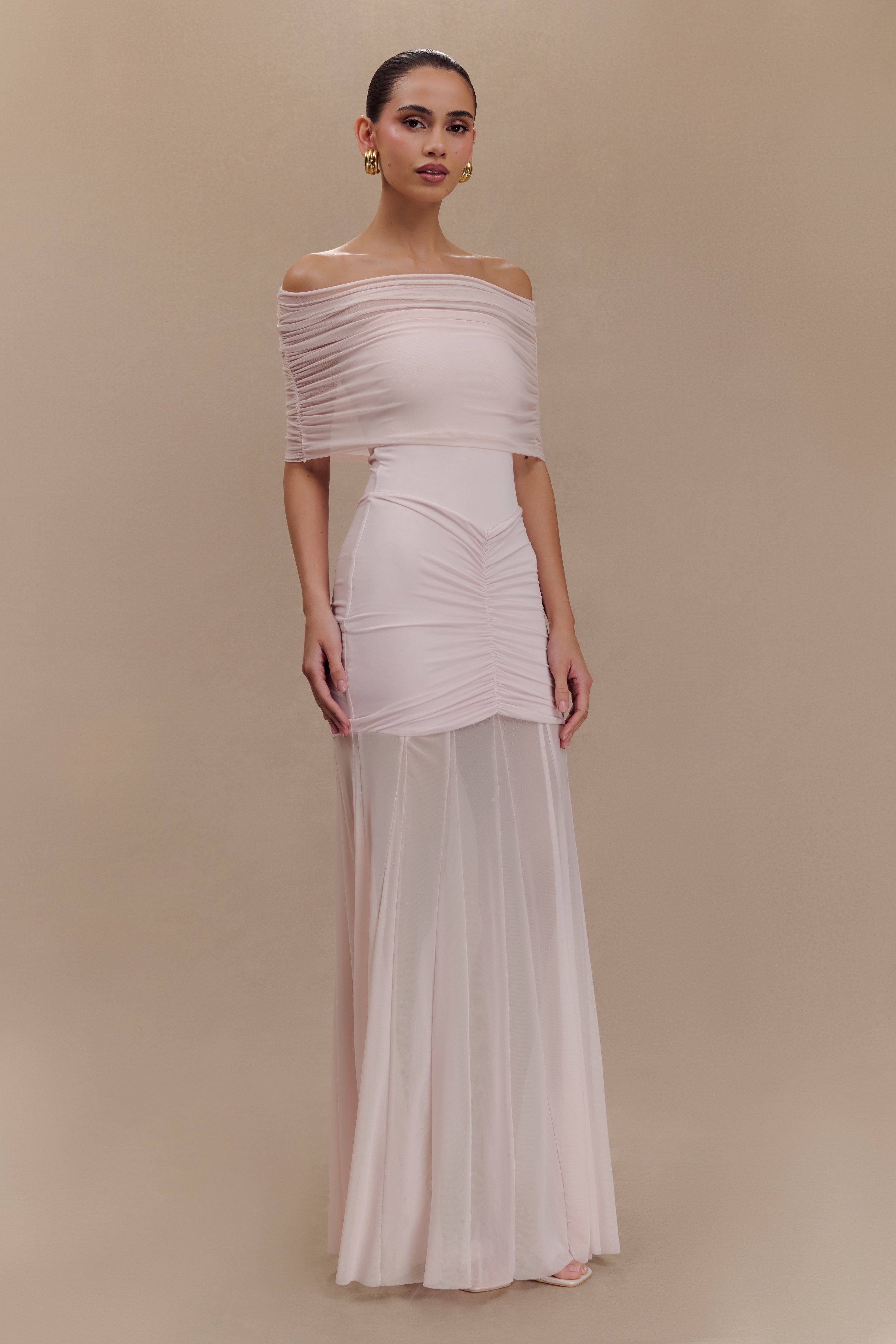 Caspian Slinky And Mesh Off Shoulder Maxi Dress - Pale Pink - Image 5