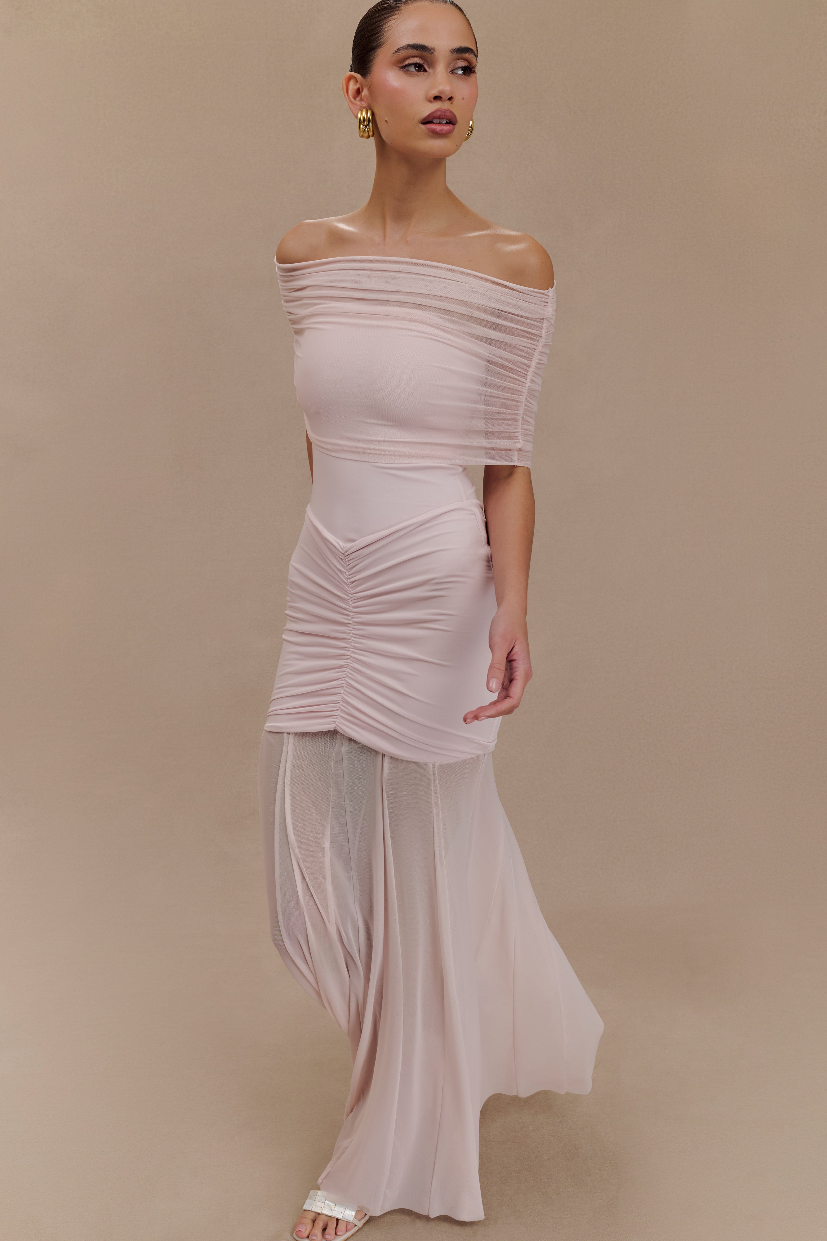 Caspian Slinky And Mesh Off Shoulder Maxi Dress - Pale Pink - Image 4