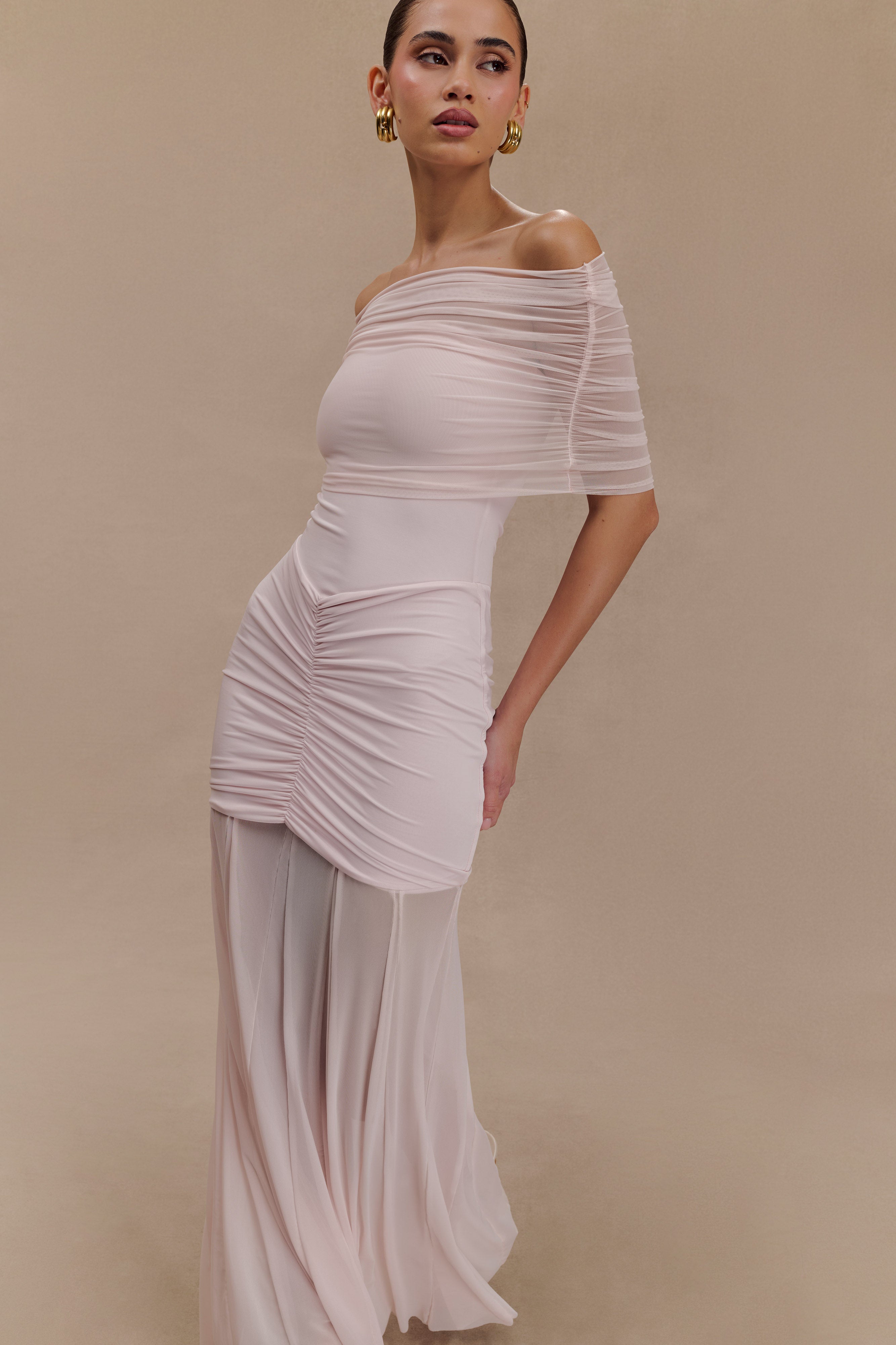 Caspian Slinky And Mesh Off Shoulder Maxi Dress - Pale Pink - Image 6