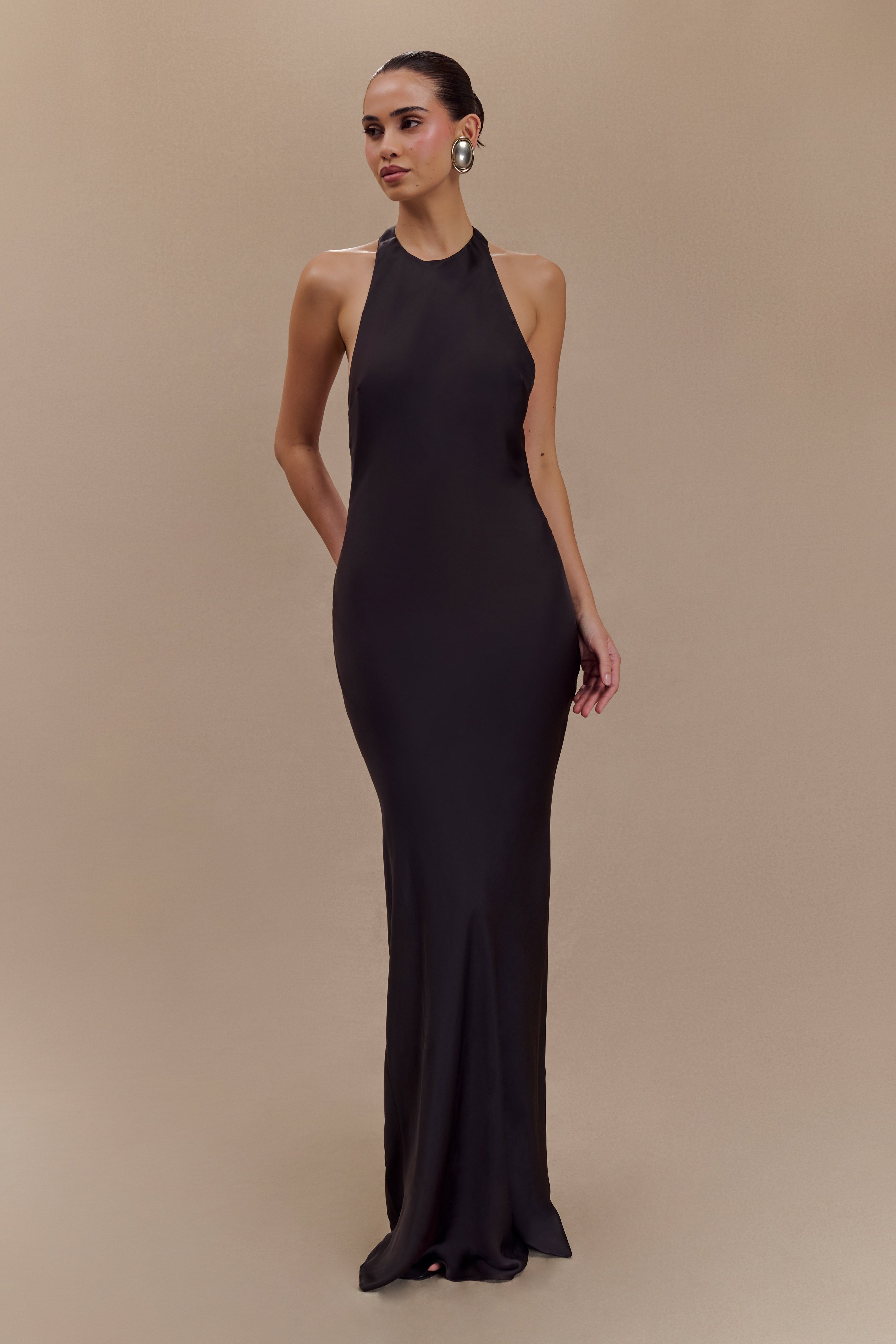 Rinna Satin Halter Maxi Dress - Black - Image 5