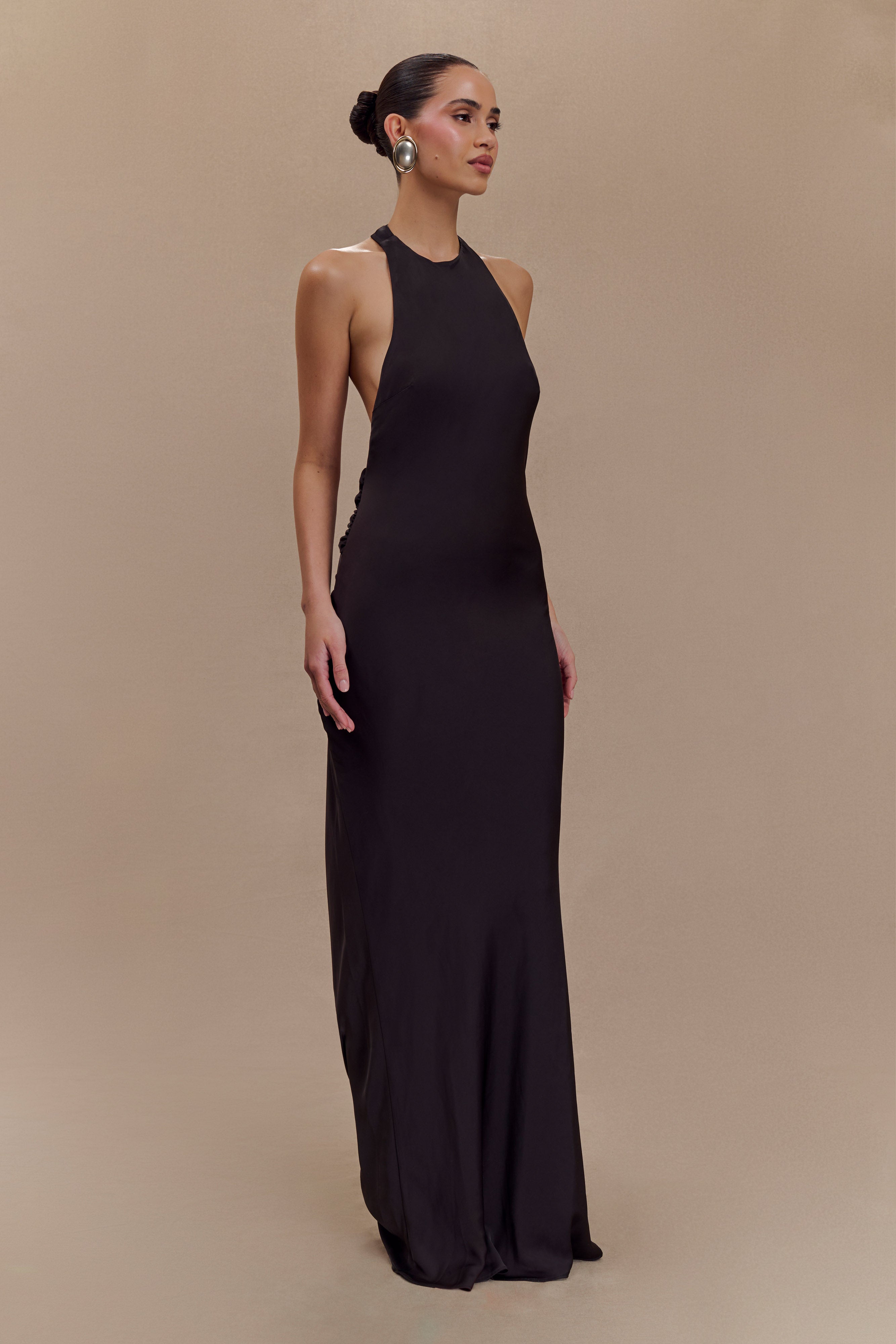Rinna Satin Halter Maxi Dress - Black - Image 4