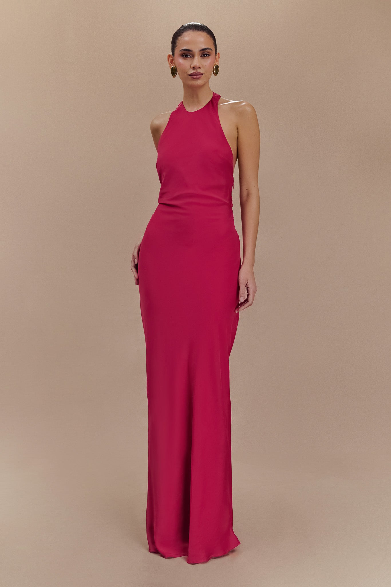 Rinna Satin Halter Maxi Dress - Pink Cherry - Image 4