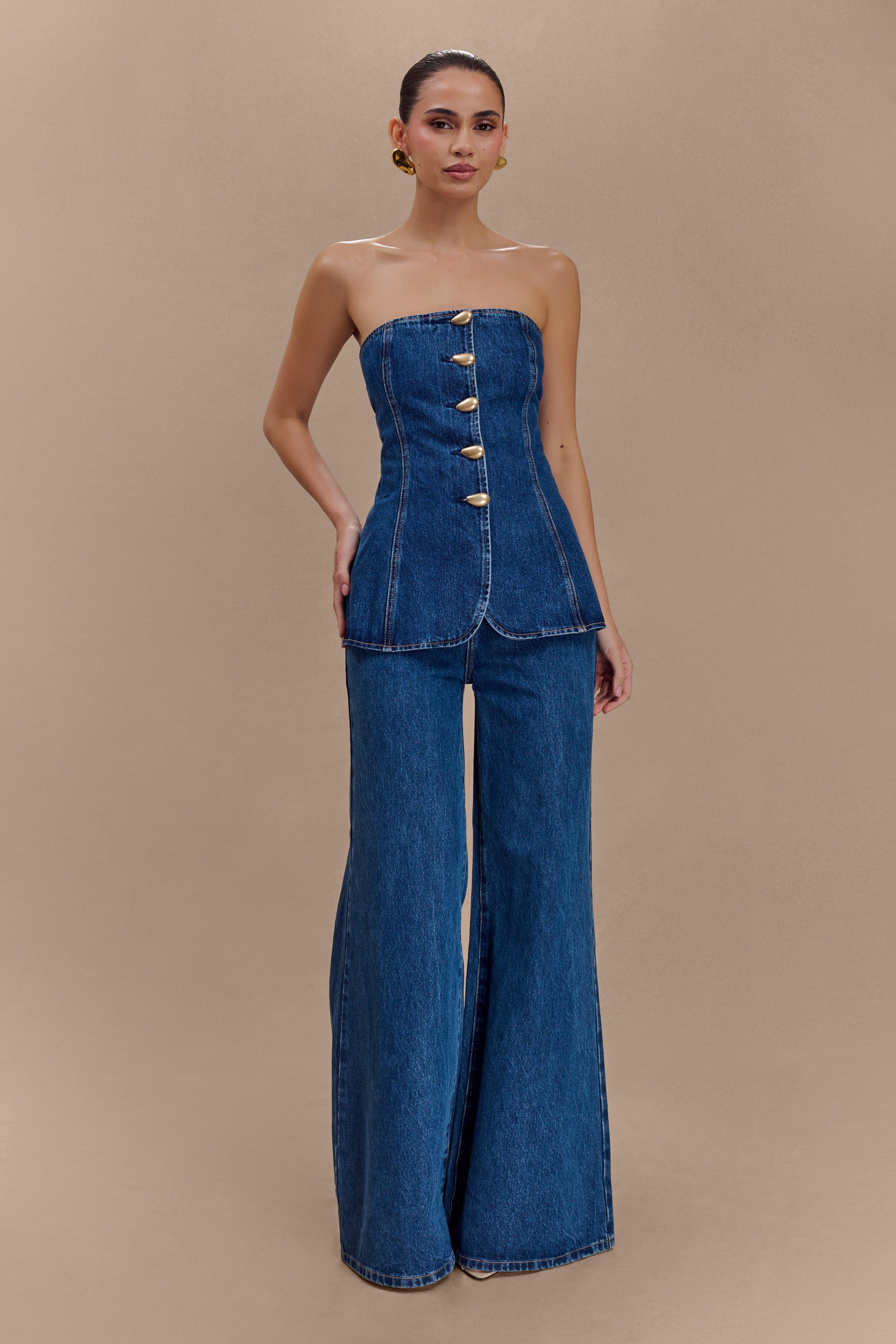 Lennox Strapless Long Line Button Top - Dark Blue - Image 3