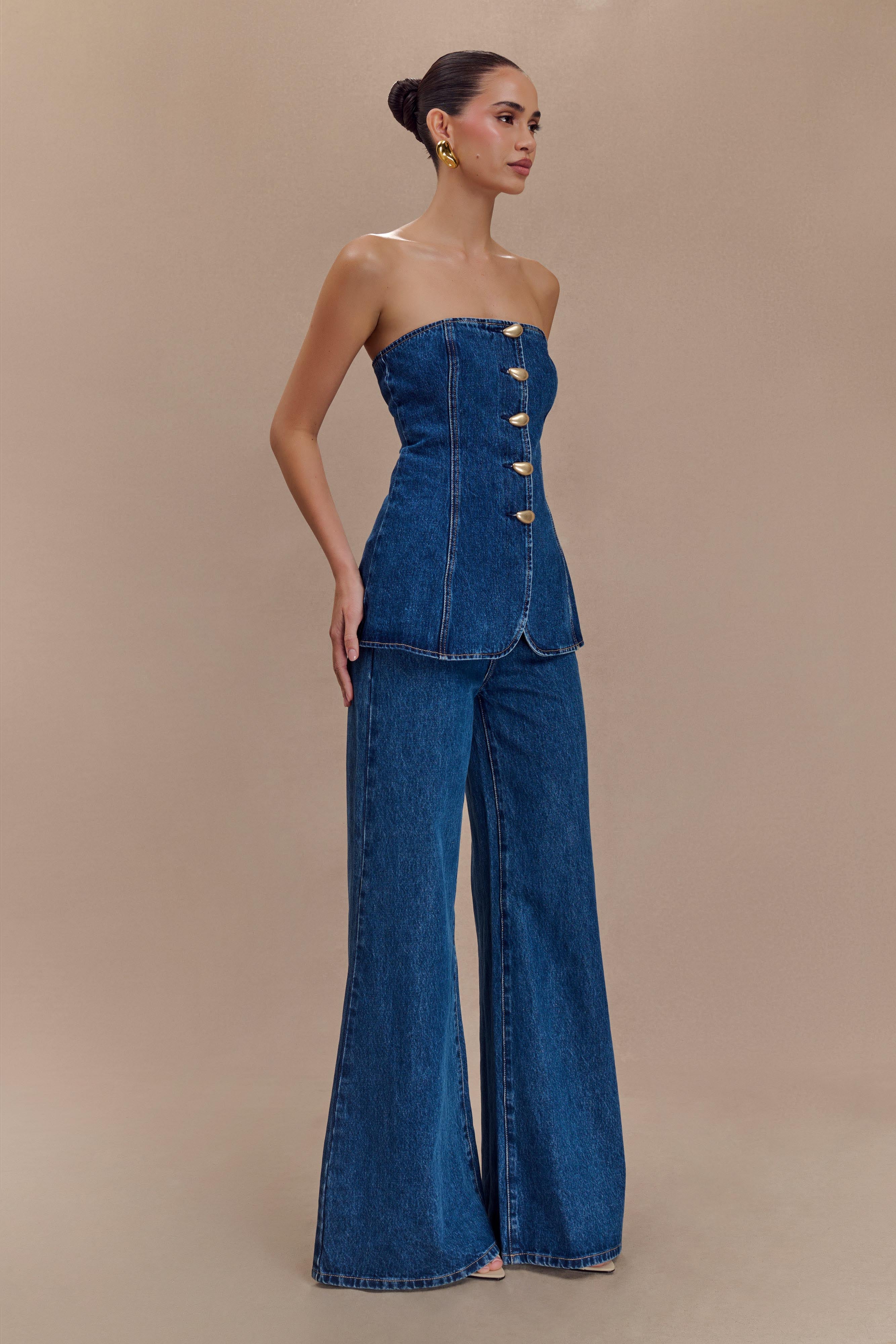 Lennox Strapless Long Line Button Top - Dark Blue - Image 5