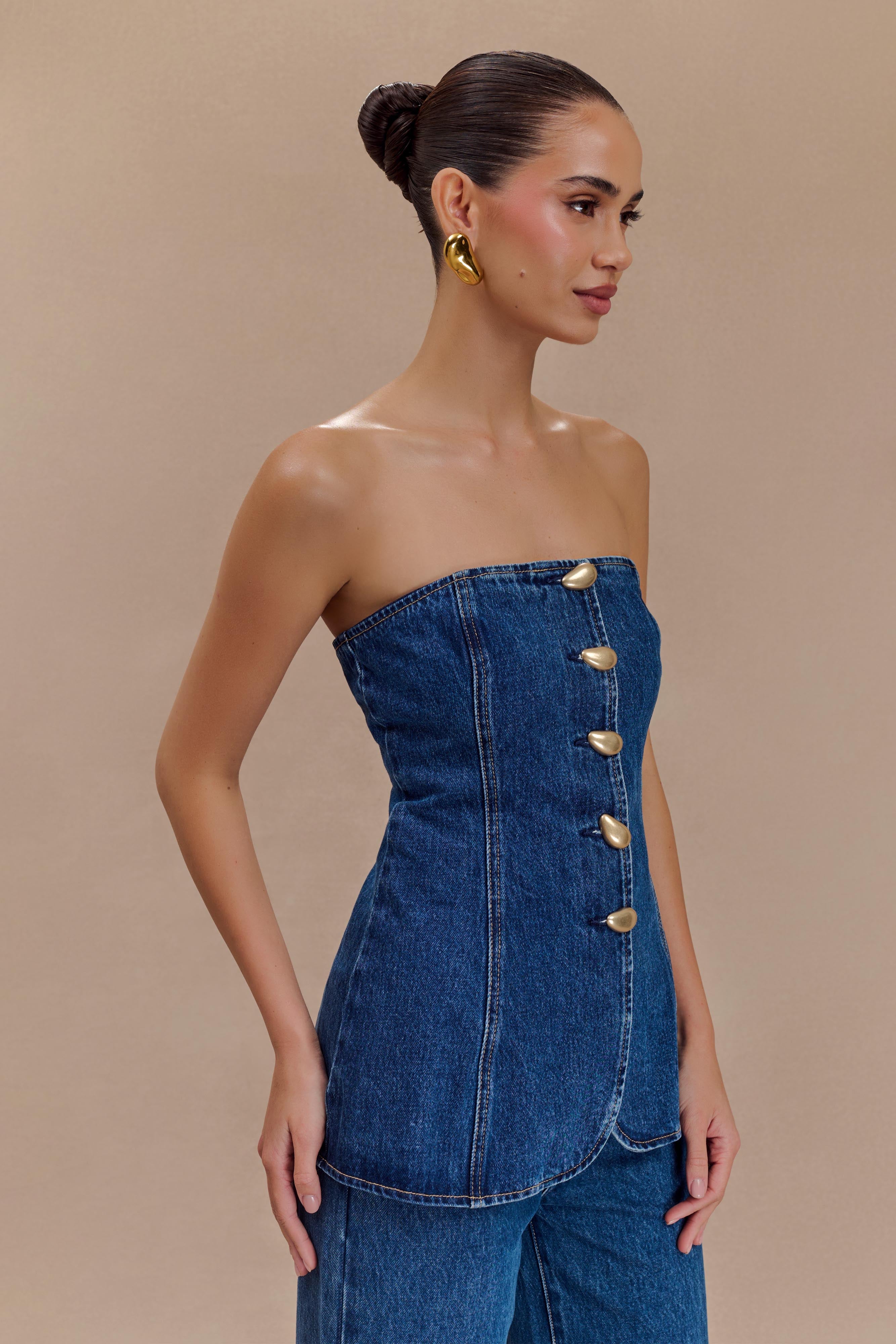 Alternative view of Lennox Strapless Long Line Button Top - Dark Blue