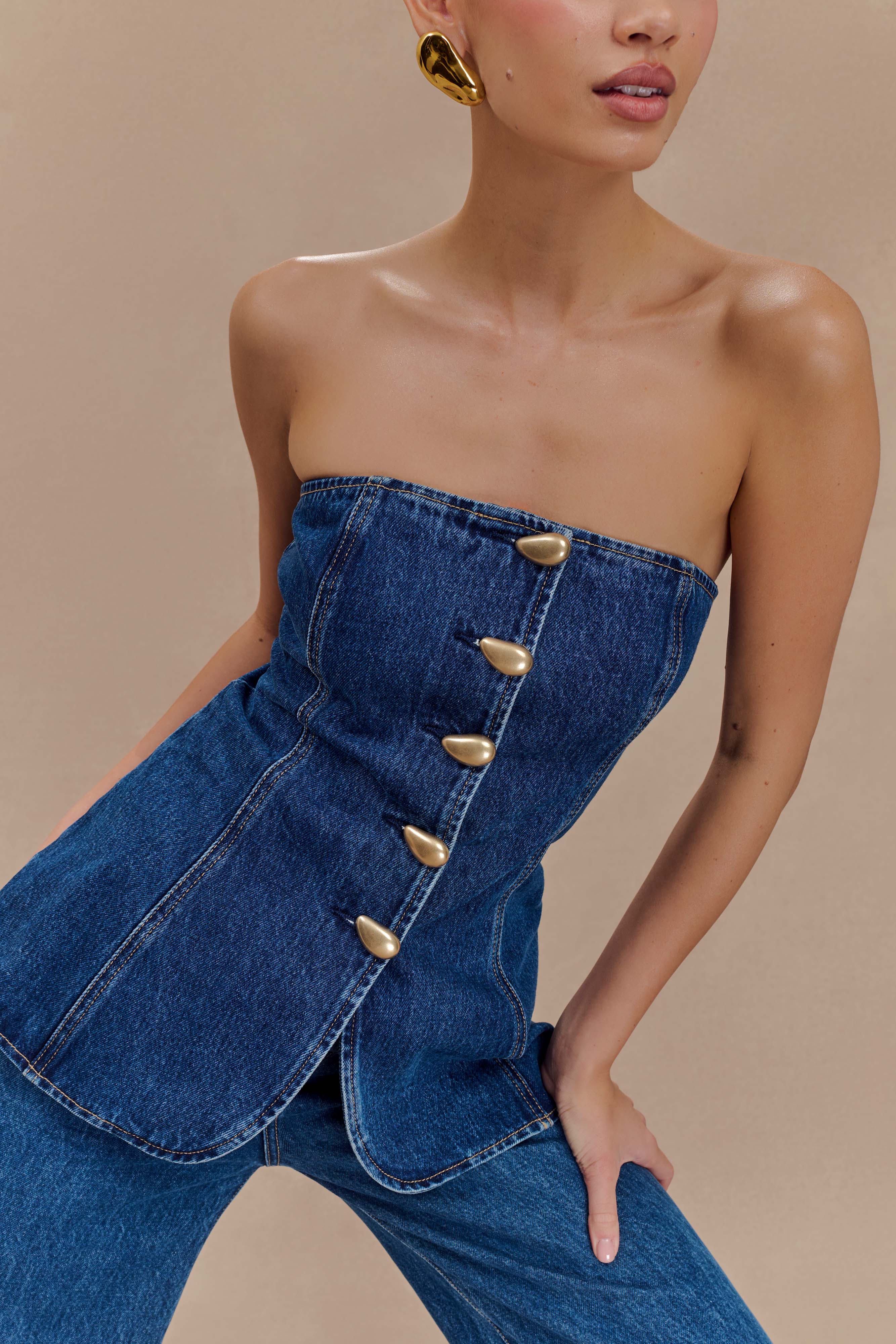 Lennox Strapless Long Line Button Top - Dark Blue - Image 4