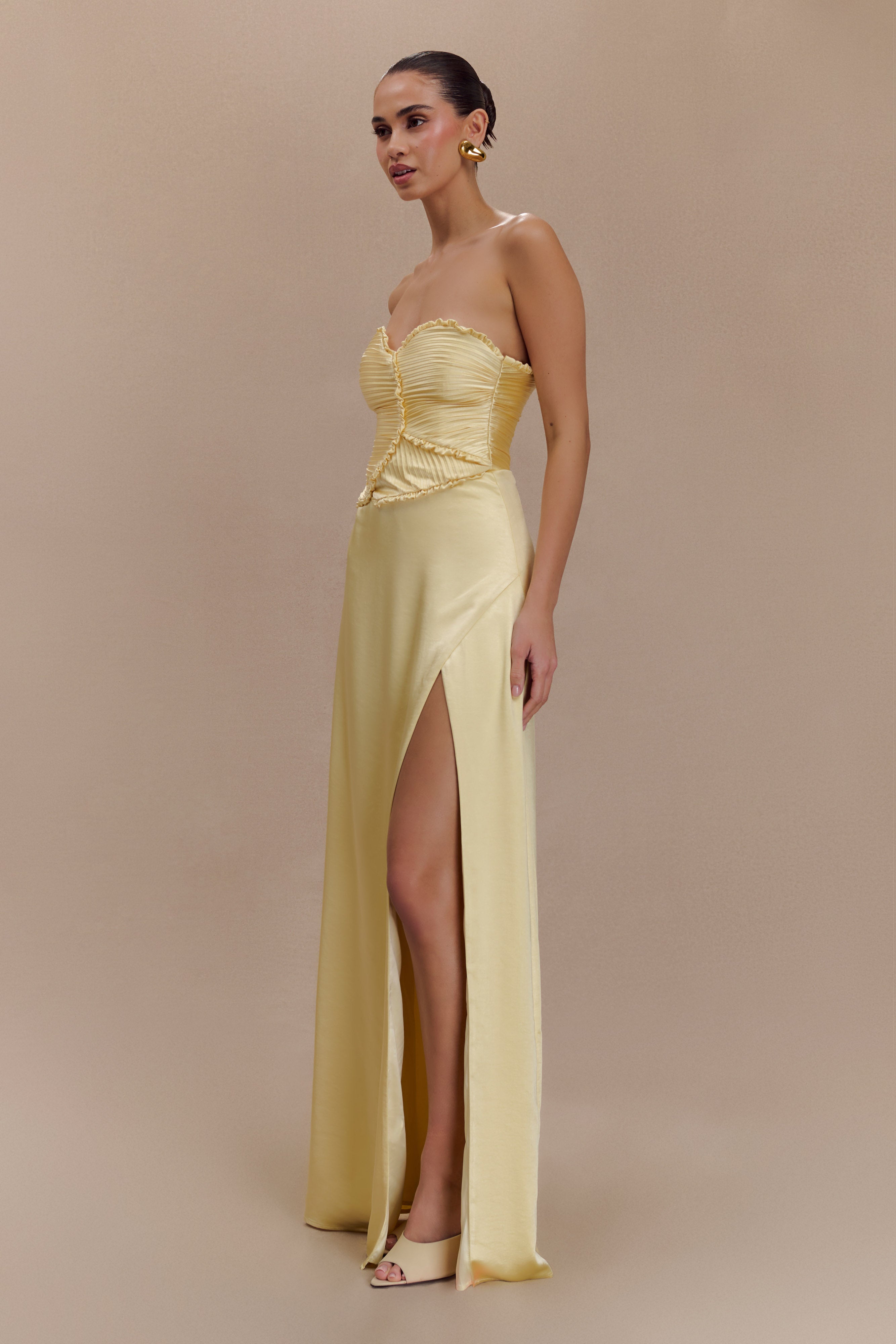 Larissa Satin Maxi Dress With Ruched Petals - Lemon - Image 3