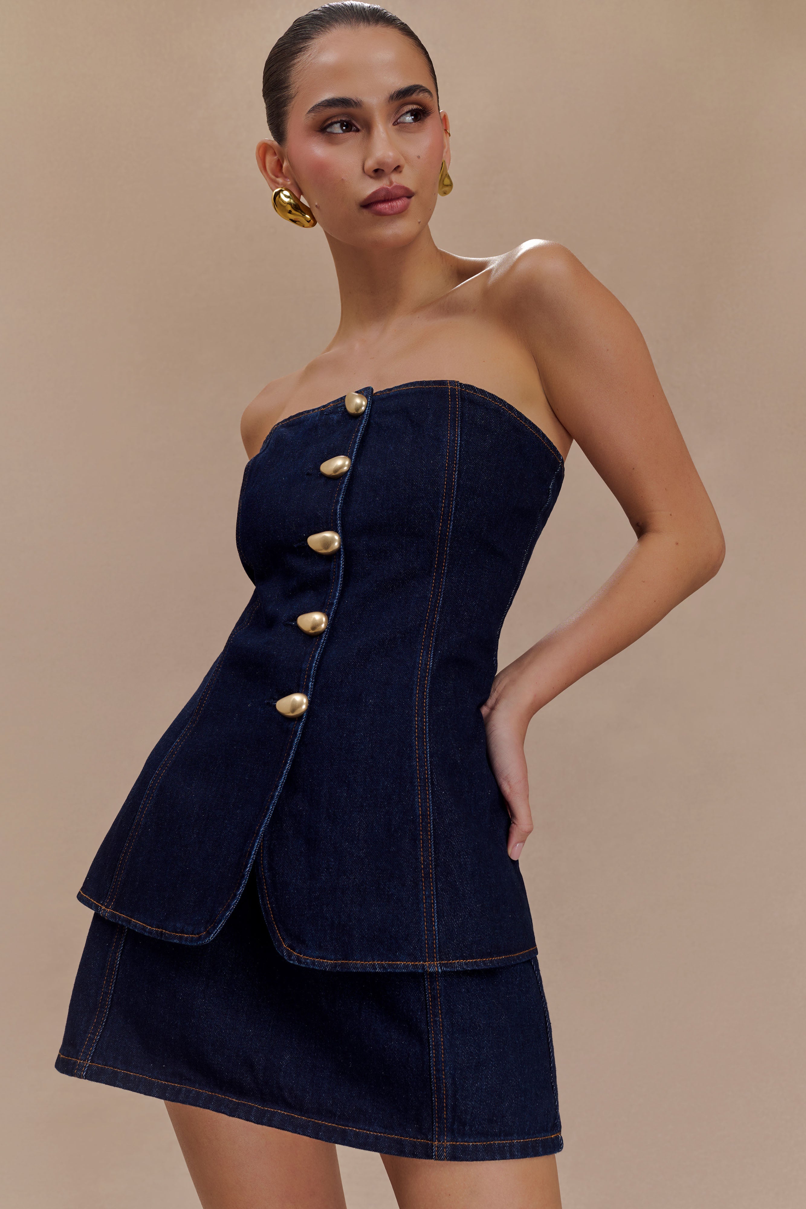 Lennox Strapless Long Line Button Top - Indigo Blue - Image 3