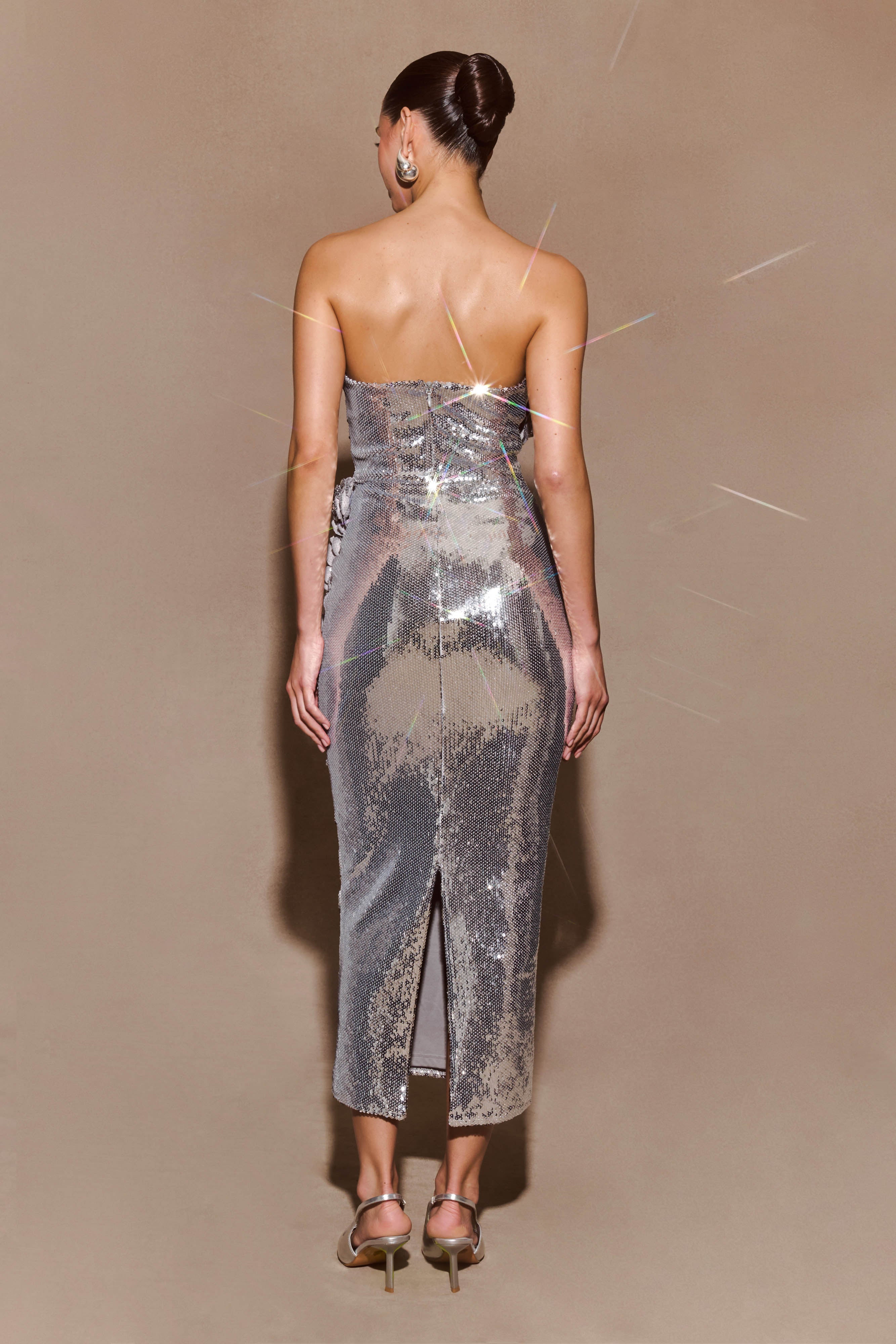 Alternative view of Cassia Strapless Sequin Rose Midi Dress - Silver