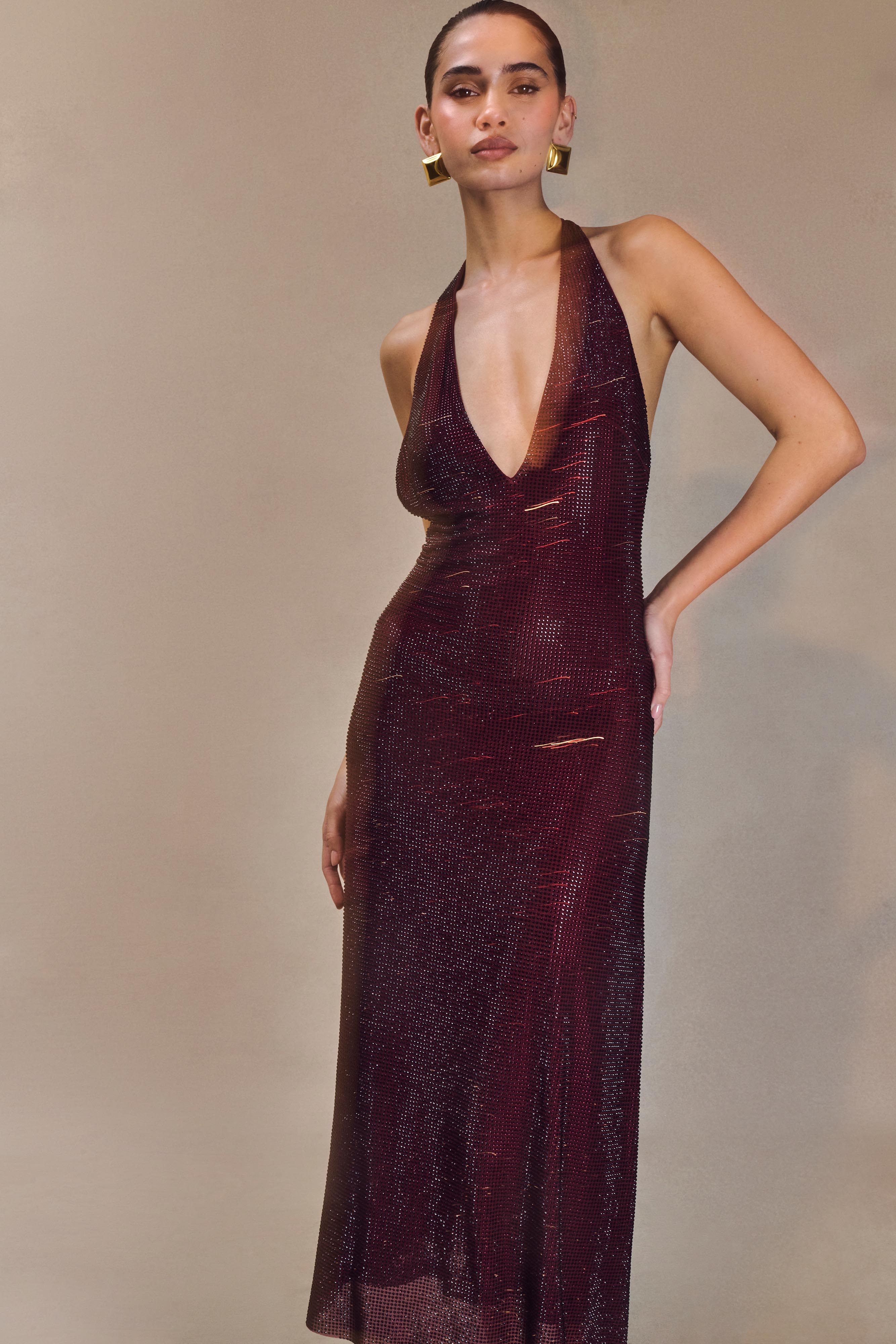 Genie Diamante Halter Midi Dress - Mahogany - Image 3