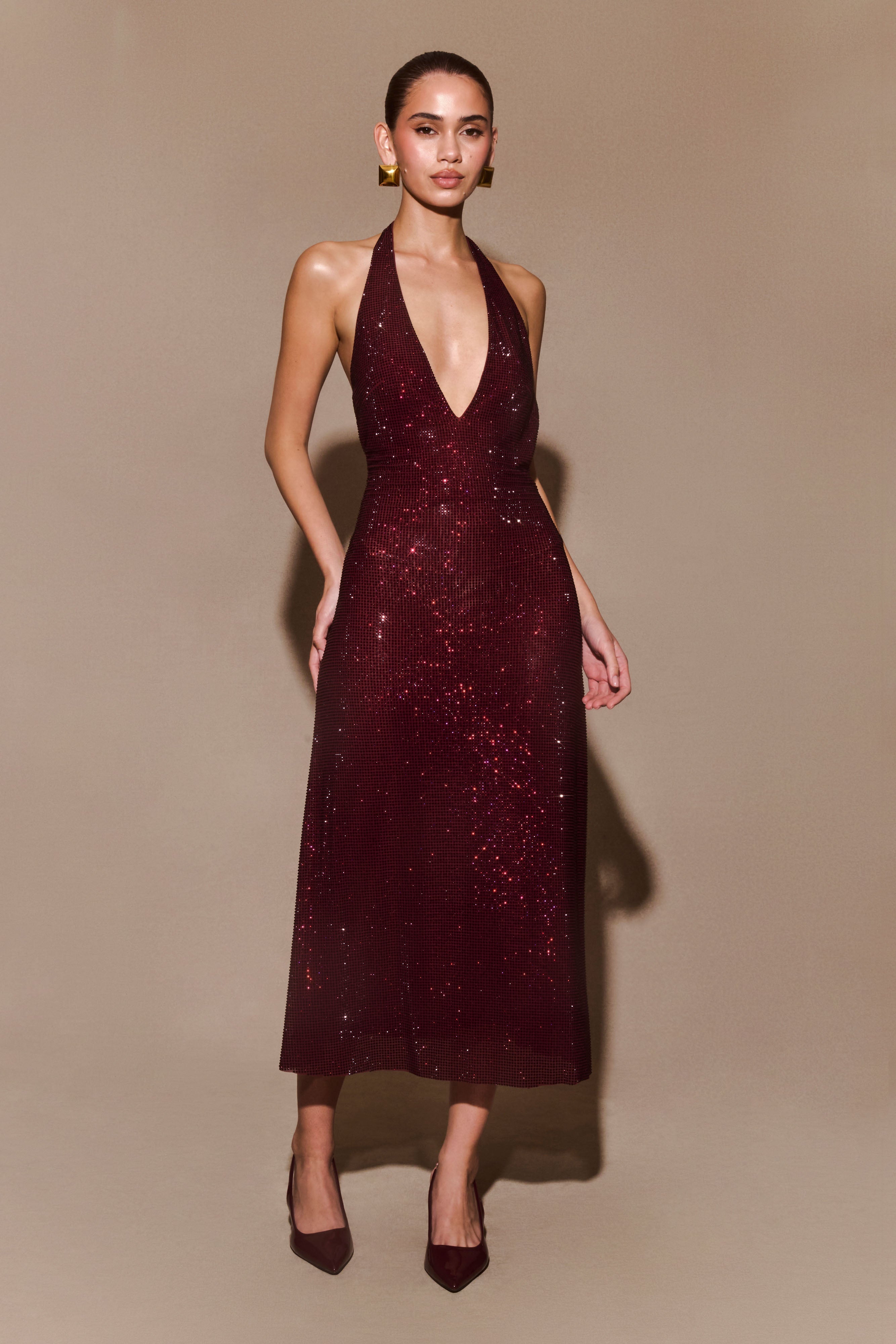 Genie Diamante Halter Midi Dress - Mahogany - Image 5
