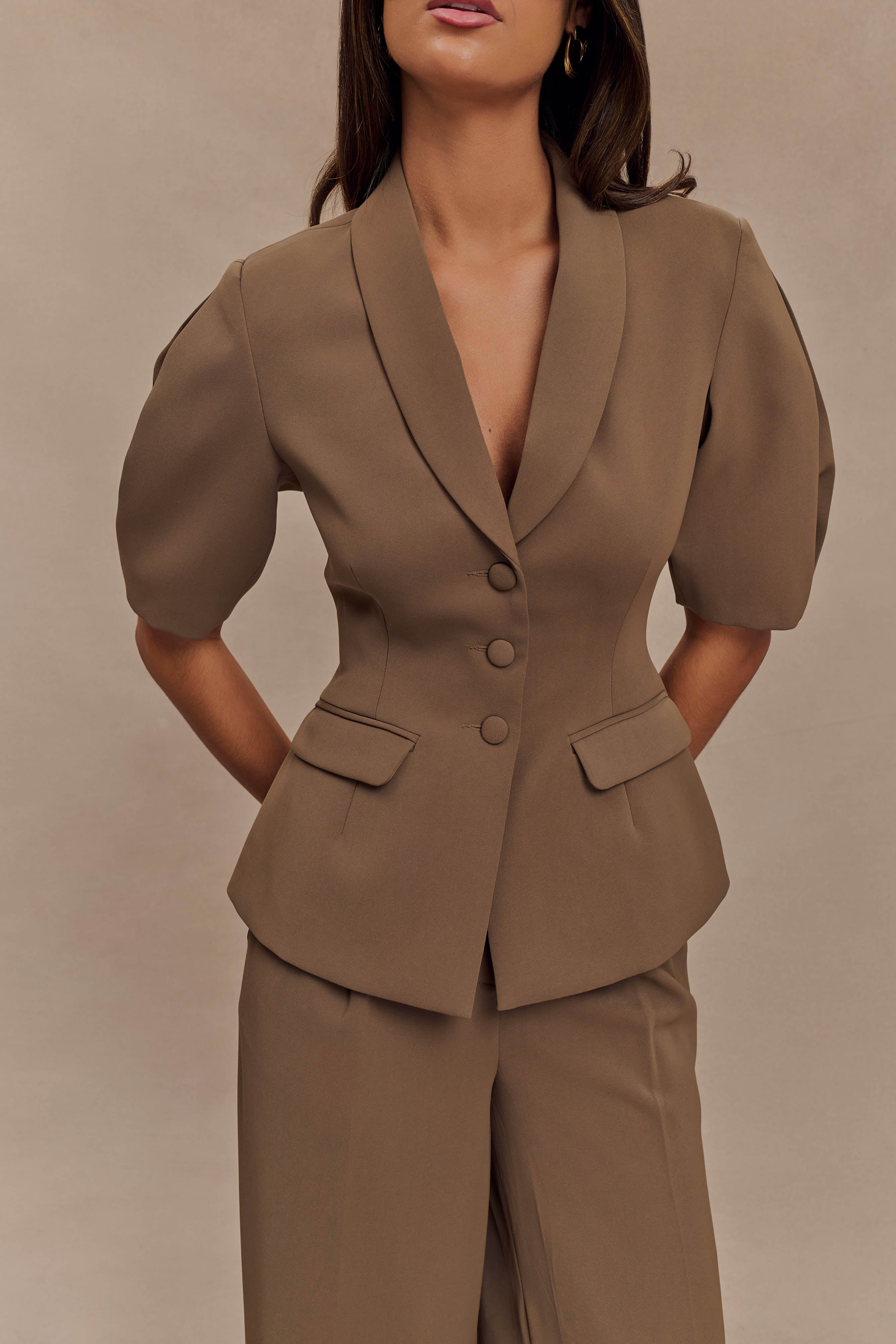 Opal Puff Sleeve Suiting Top - Cacao Brown - Image 7