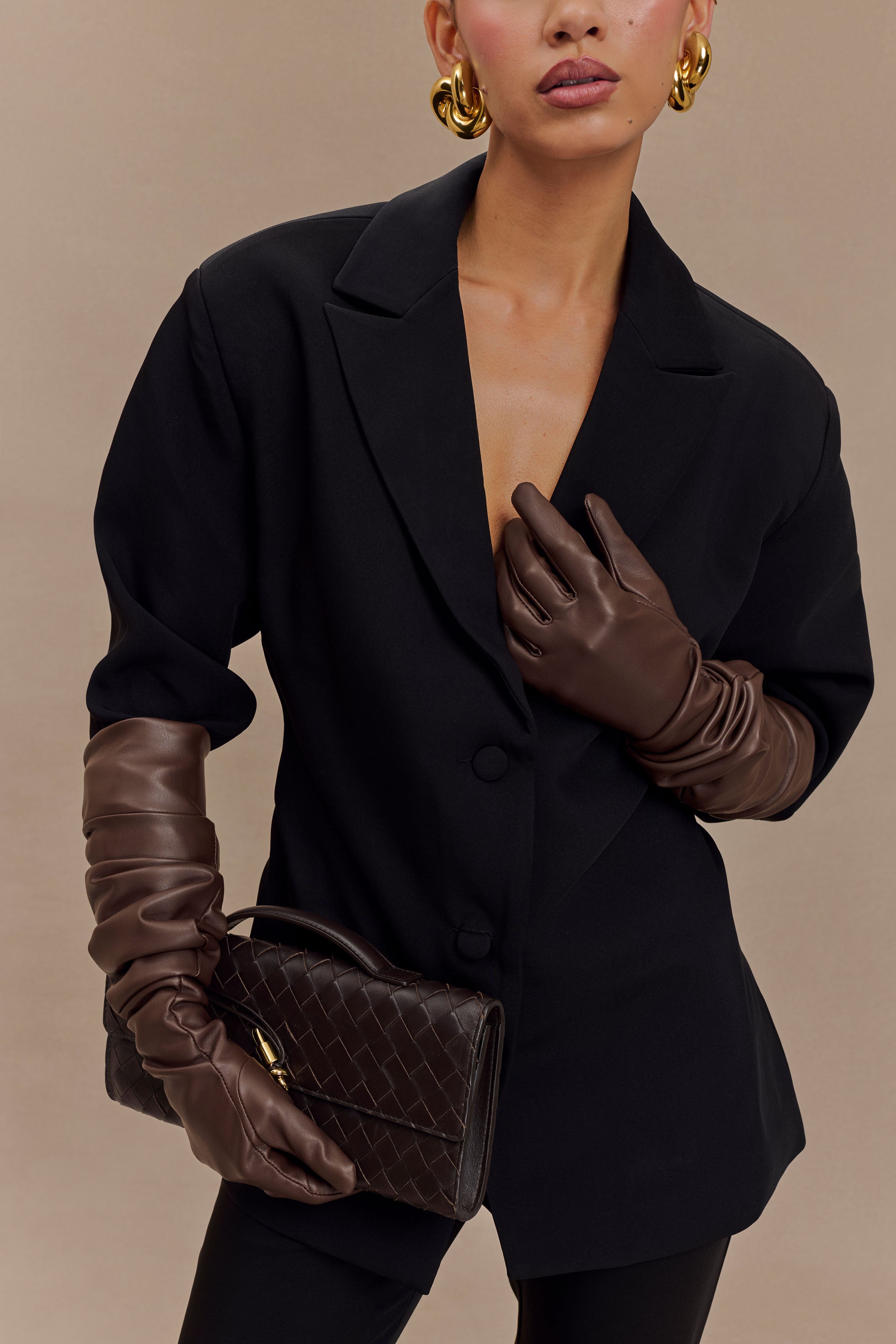 Jasper Faux Leather Elbow Length Gloves - Dark Chocolate - Image 3
