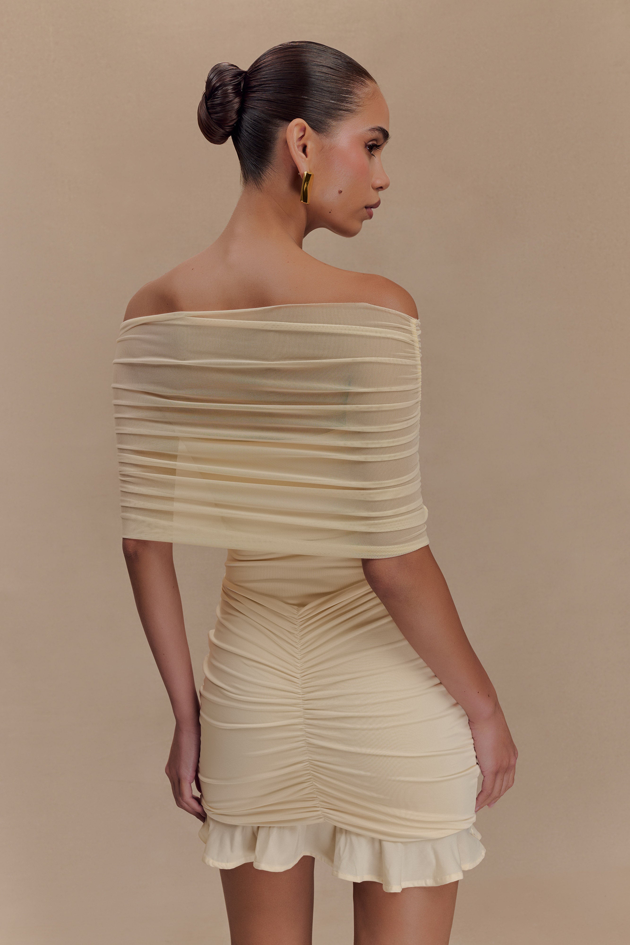 Caspian Slinky And Mesh Off Shoulder Mini Dress - Ivory - Image 5