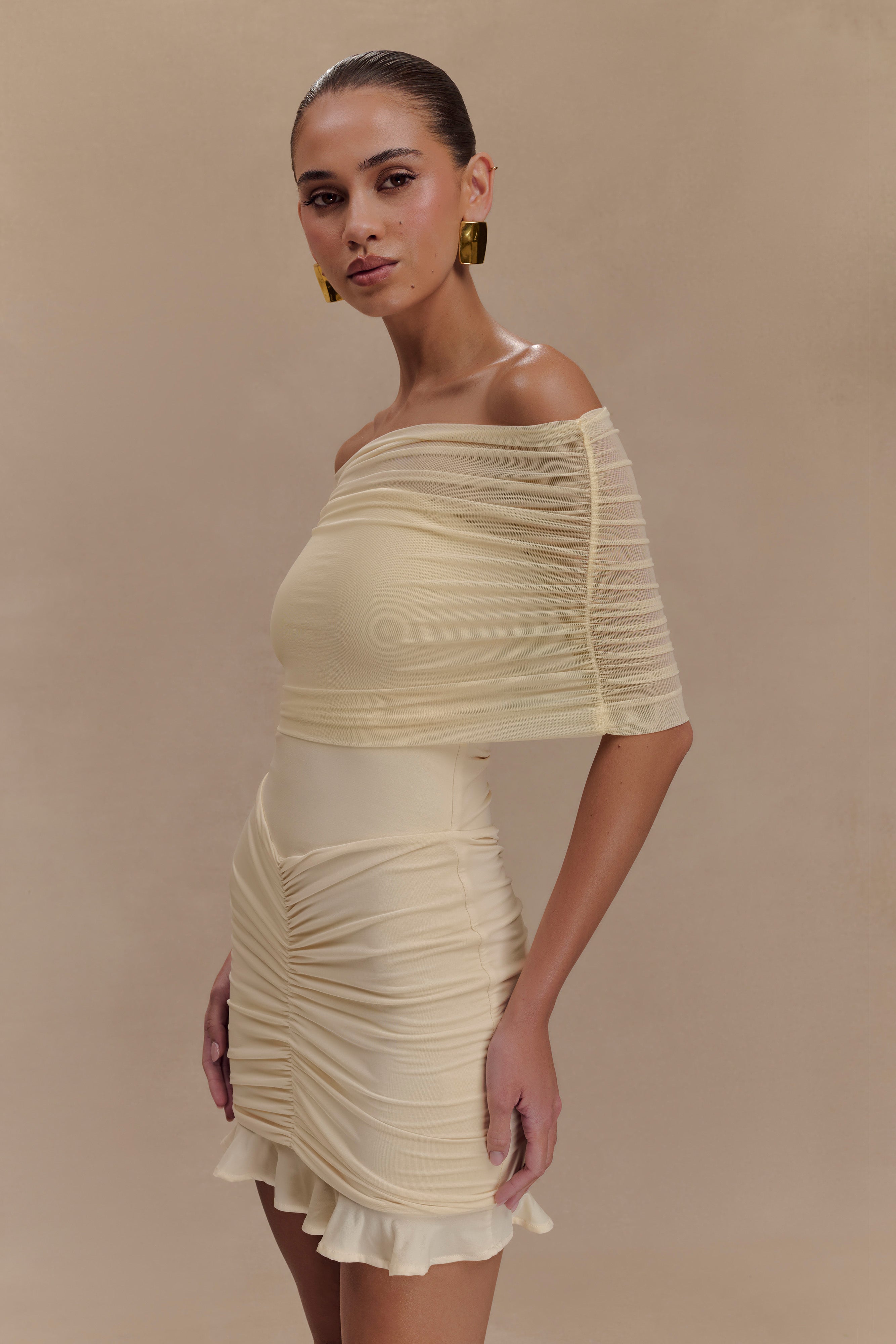 Caspian Slinky And Mesh Off Shoulder Mini Dress - Ivory - Image 4