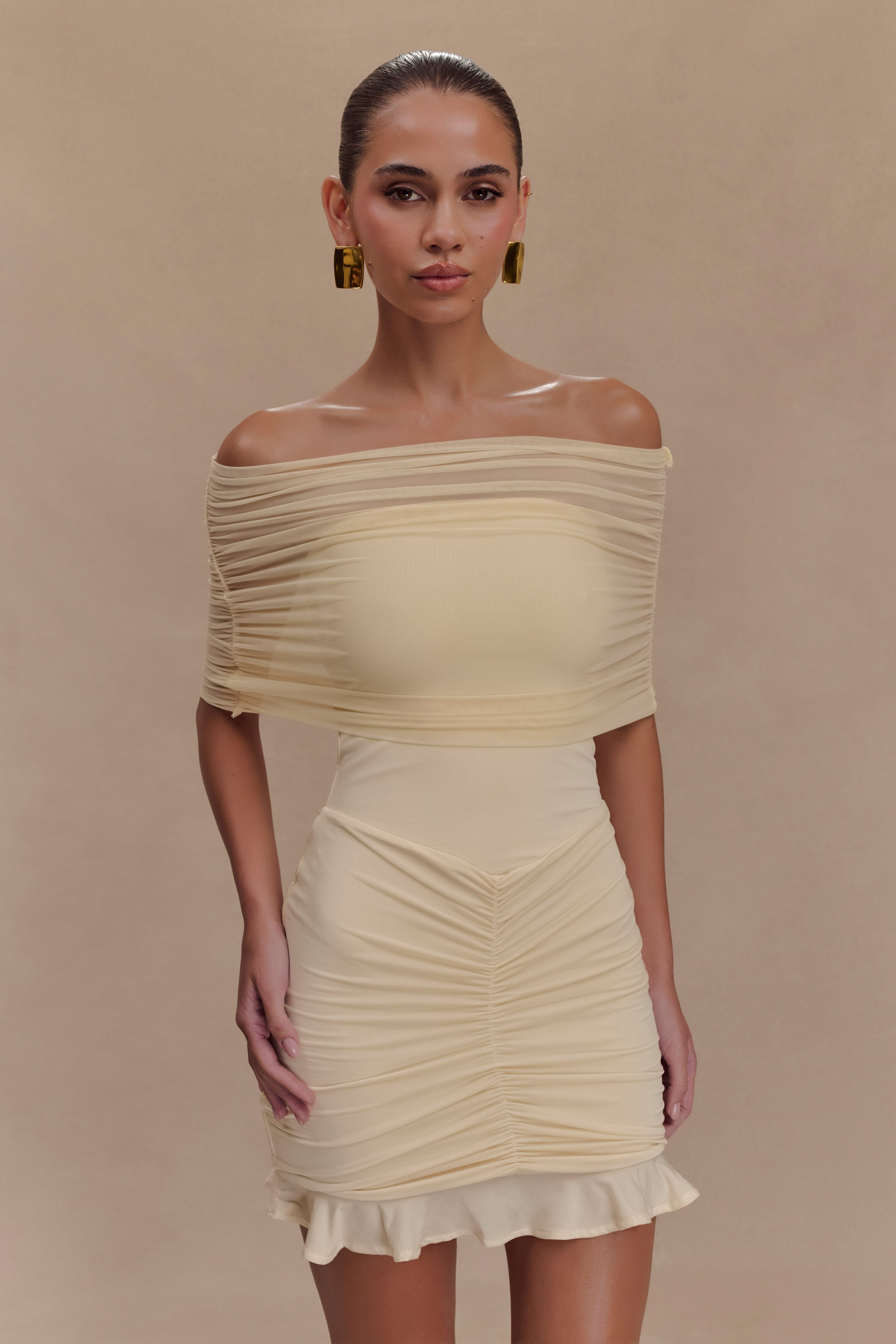 Caspian Slinky And Mesh Off Shoulder Mini Dress - Ivory - Image 6