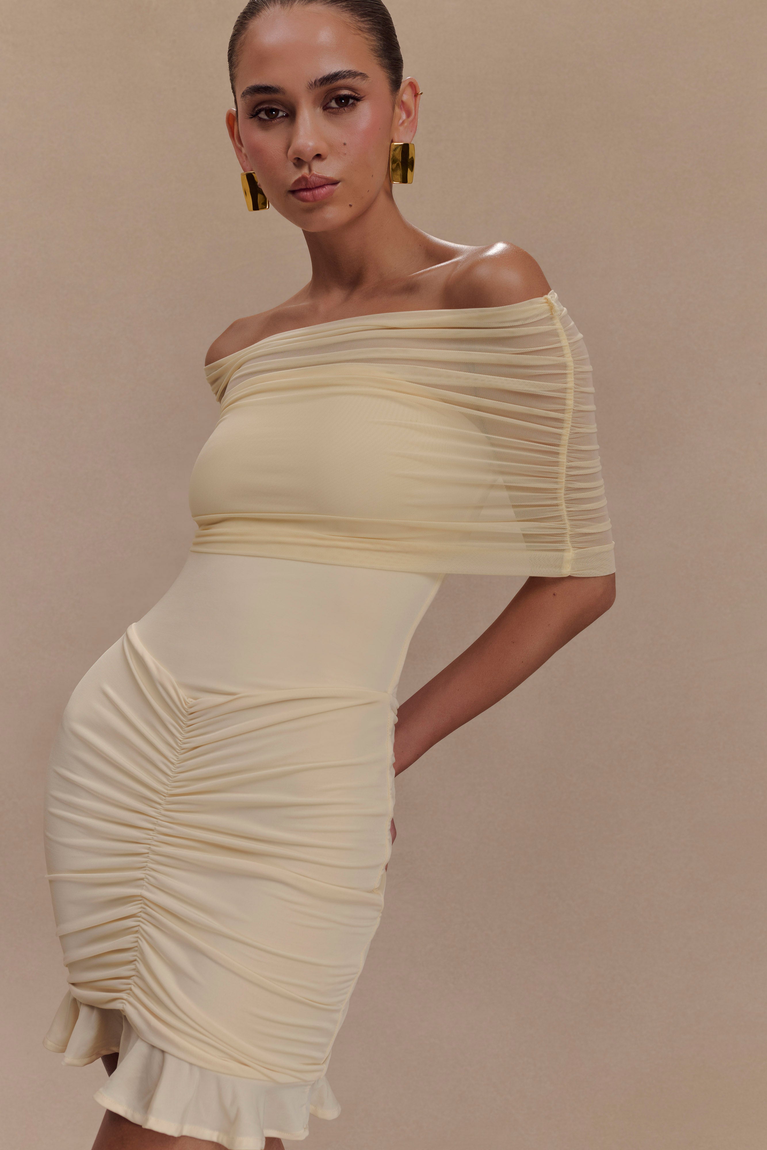 Caspian Slinky And Mesh Off Shoulder Mini Dress - Ivory - Image 3