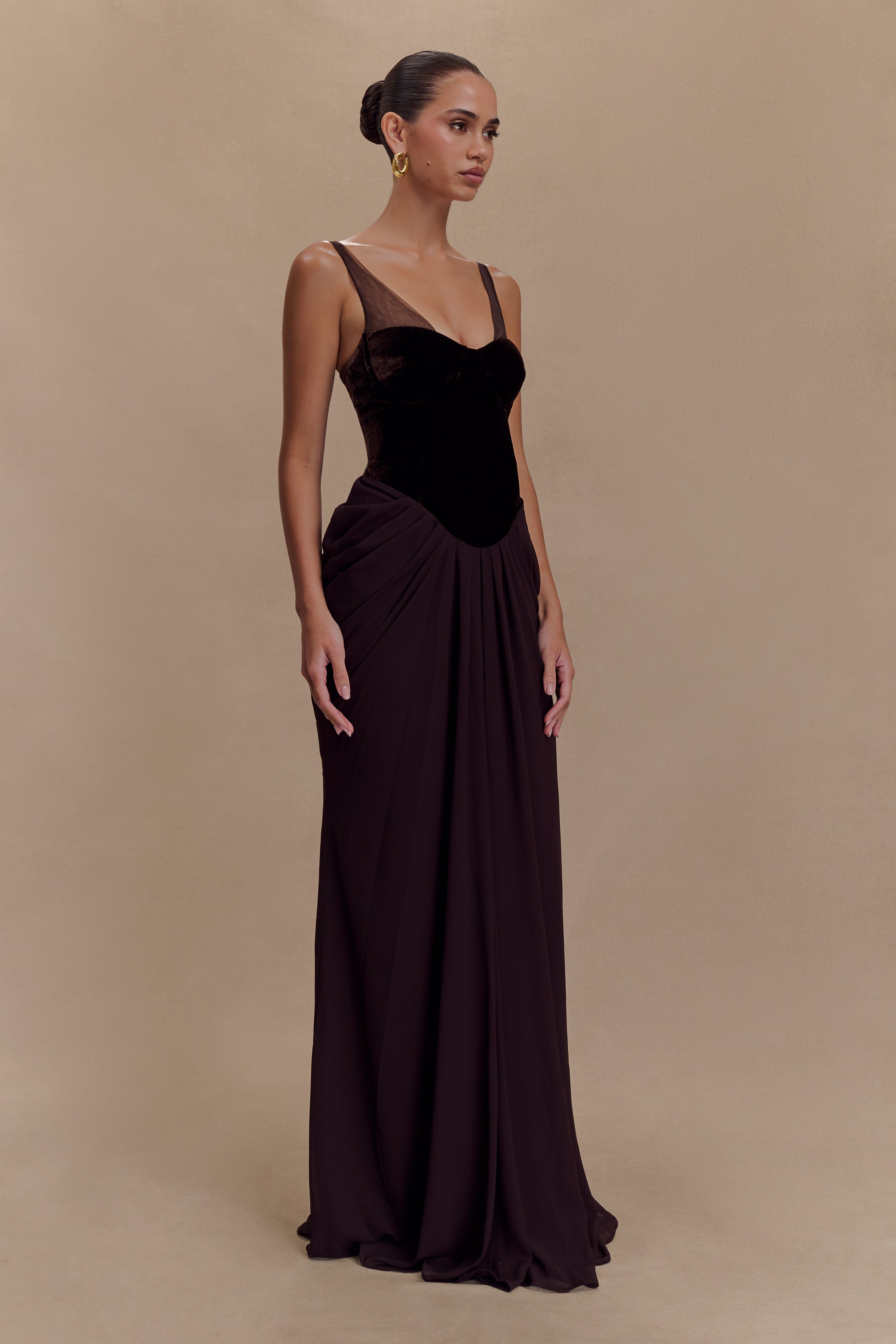 Roxanne Velvet Corset Maxi Dress - Cacao Brown - Image 4