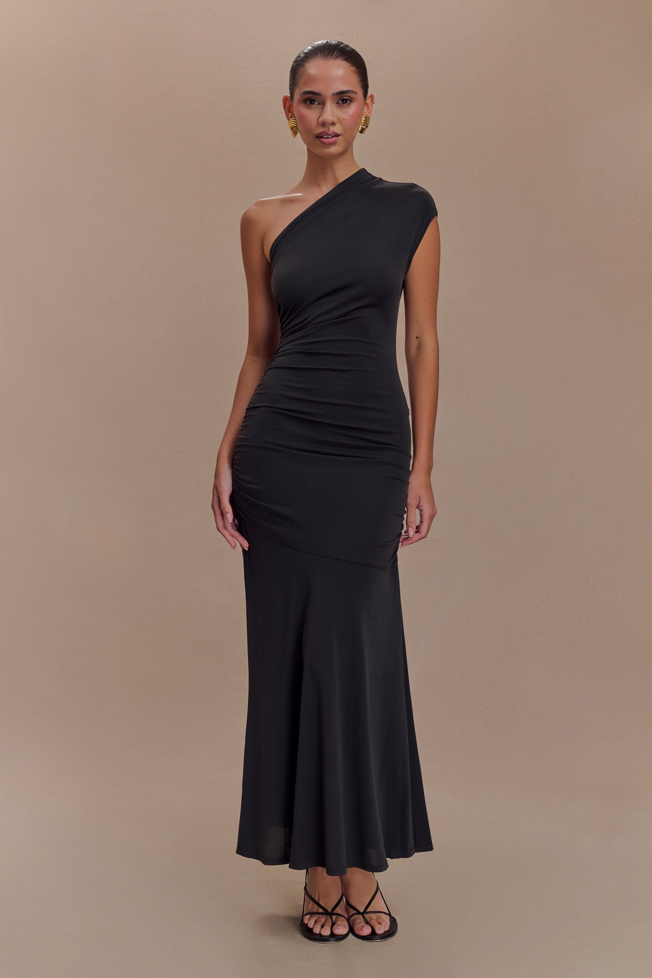 Chloe Peached Jersey One Shoulder Midi Dress - Black - Image 5