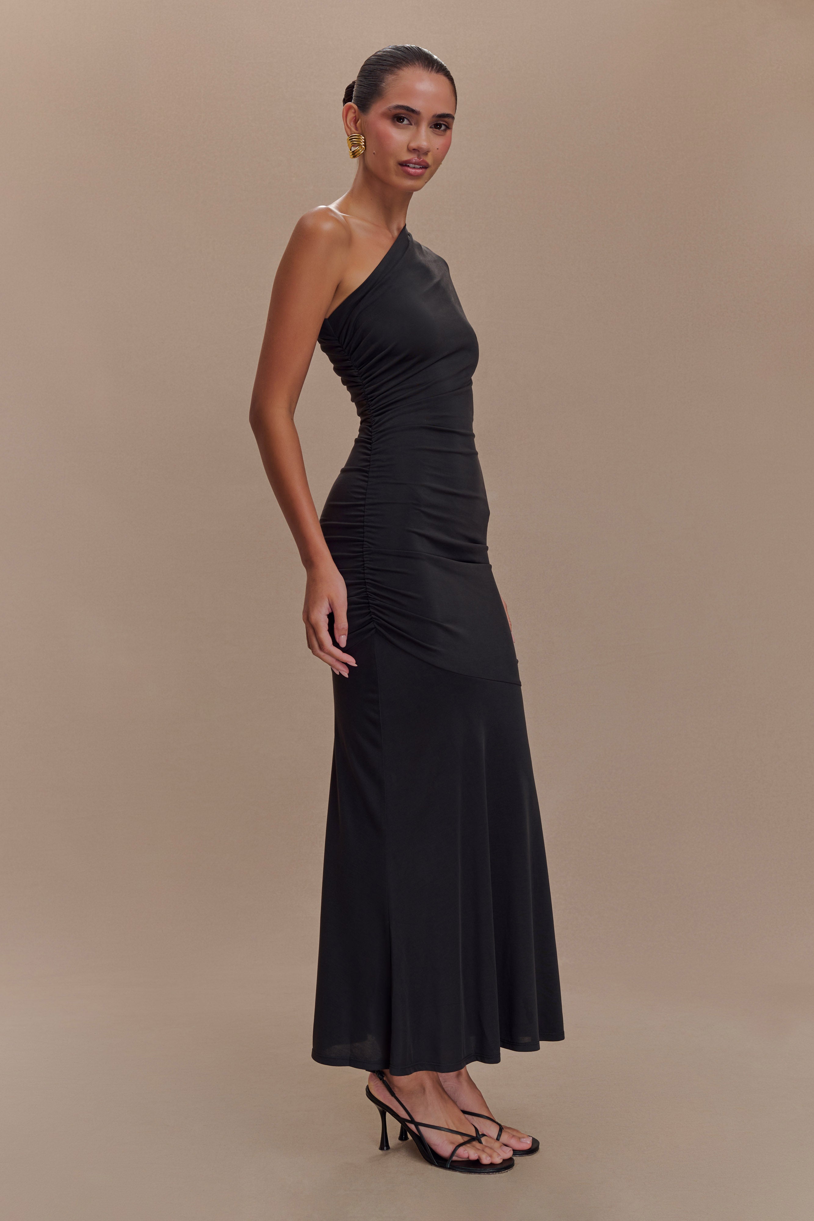 Chloe Peached Jersey One Shoulder Midi Dress - Black - Image 4