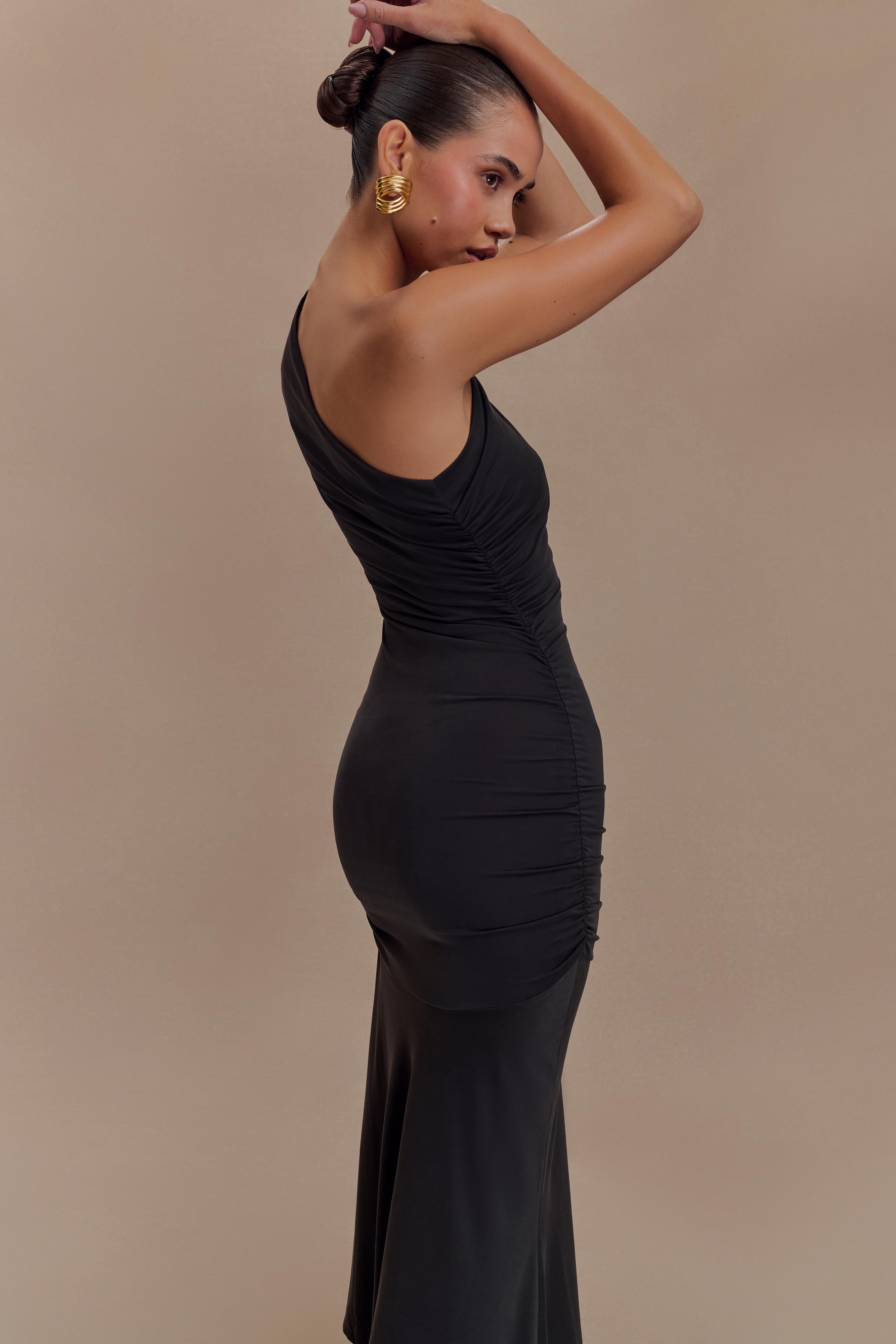 Chloe Peached Jersey One Shoulder Midi Dress - Black - Image 3