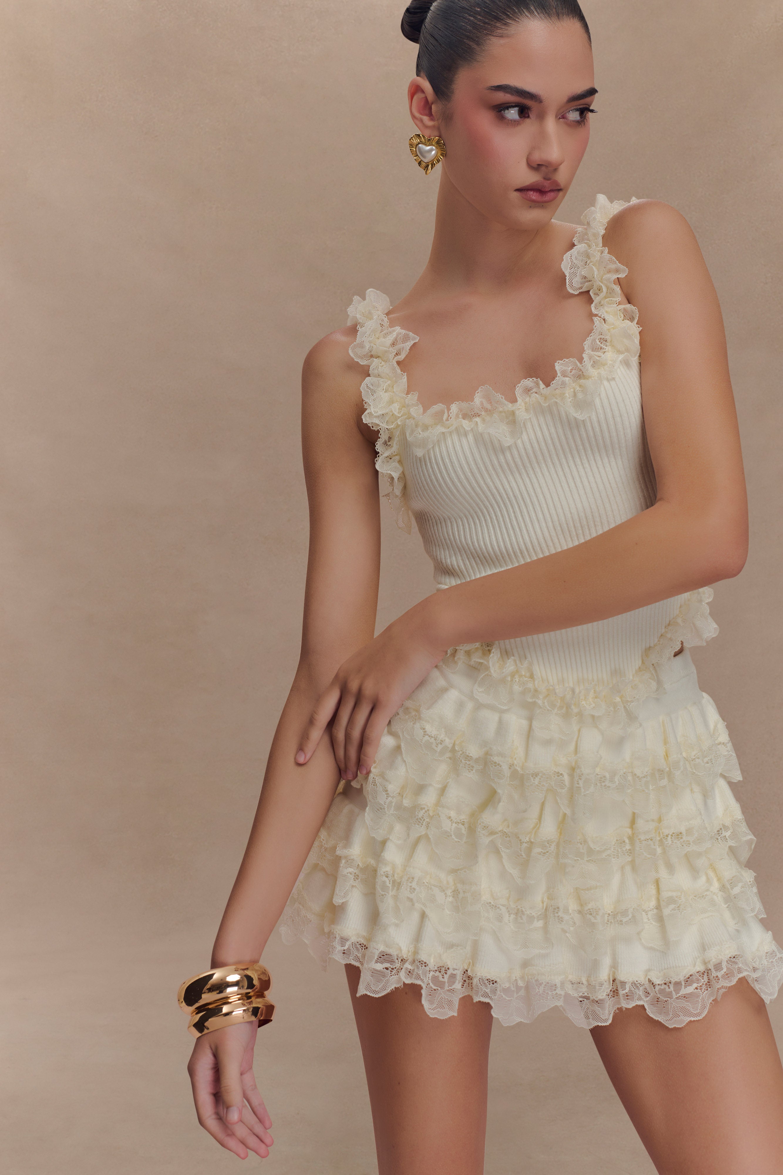 Margaret Lace Ruffle Mini Skort - Cream - Image 3