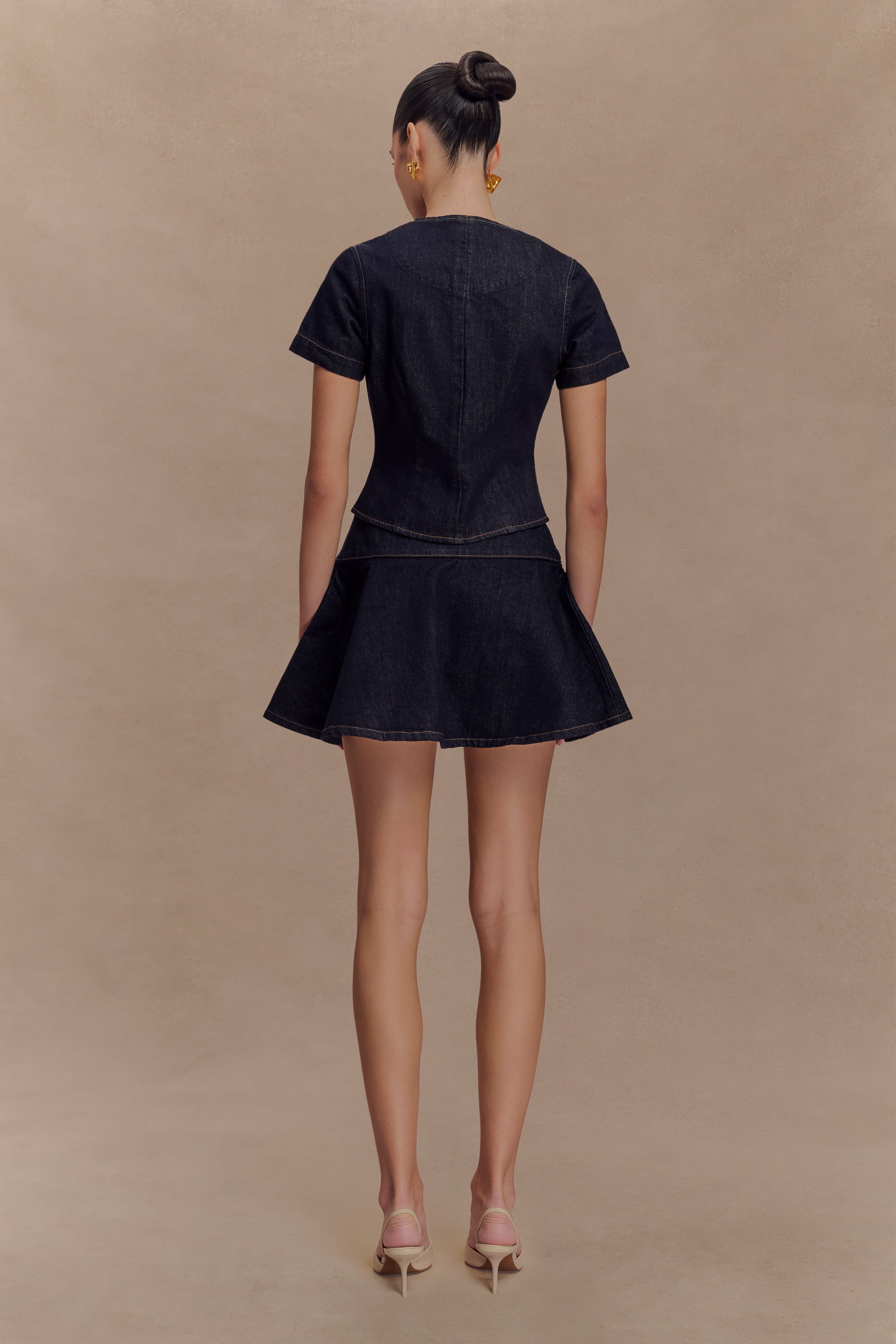 Alternative view of Bethany Short Sleeve Buttoned Denim Top - Washed Indigo Blue