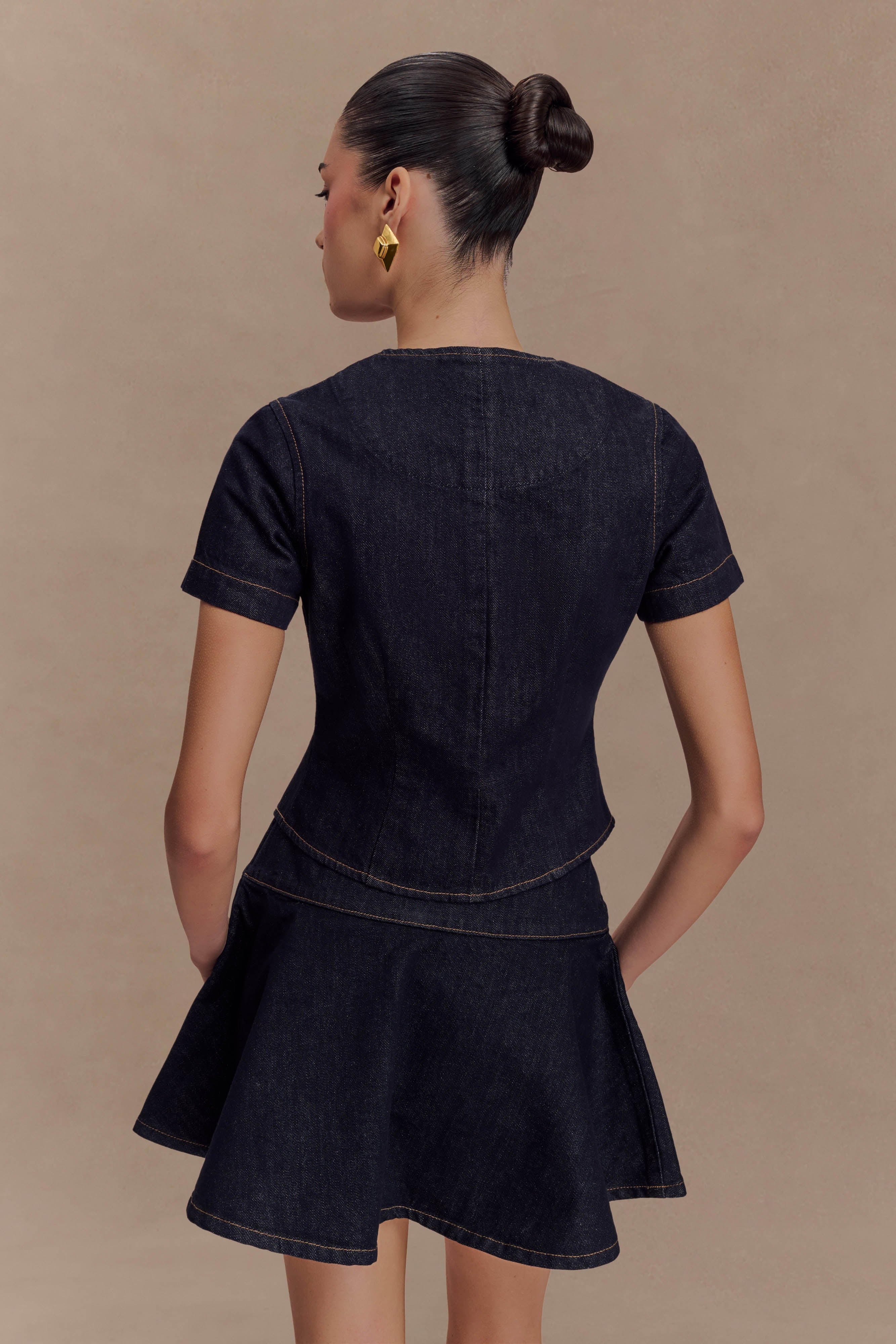 Bethany Short Sleeve Buttoned Denim Top - Washed Indigo Blue - Image 5