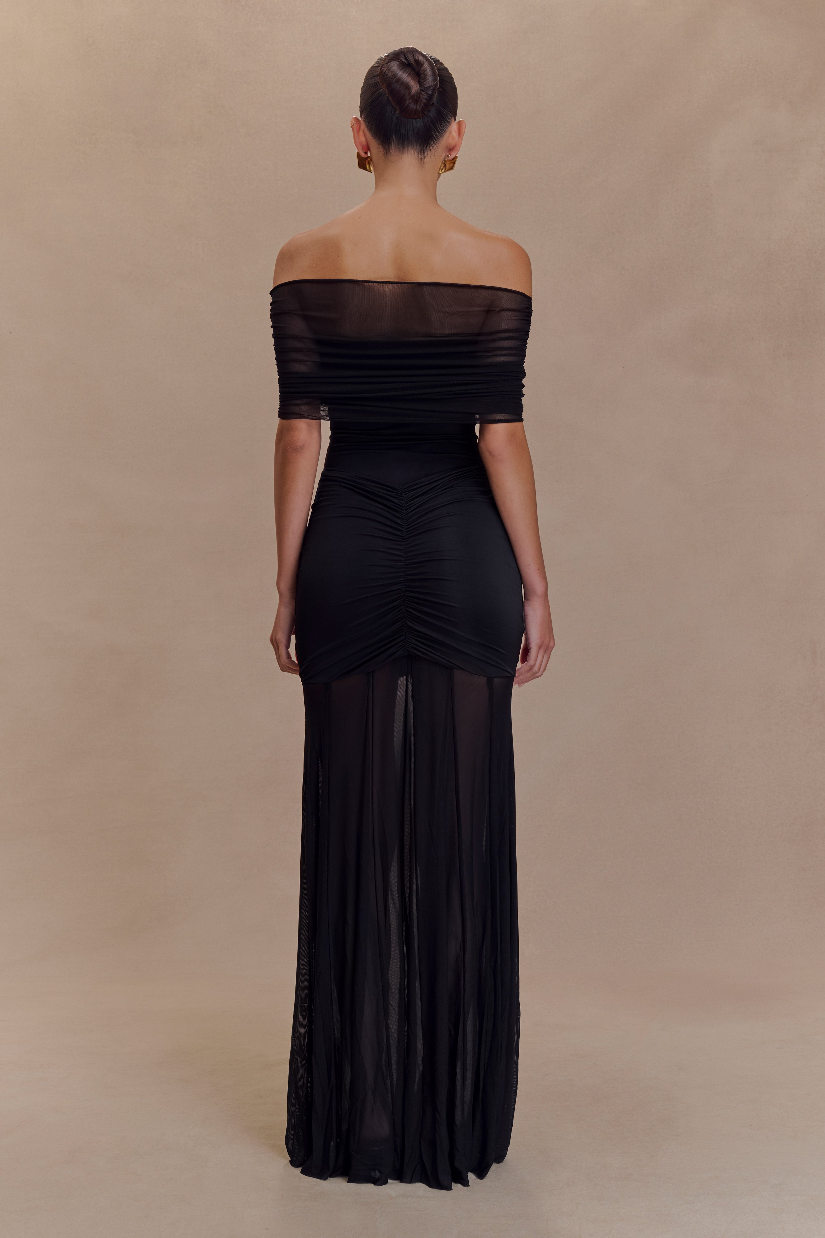 Alternative view of Caspian Slinky And Mesh Off Shoulder Maxi Dress - Black