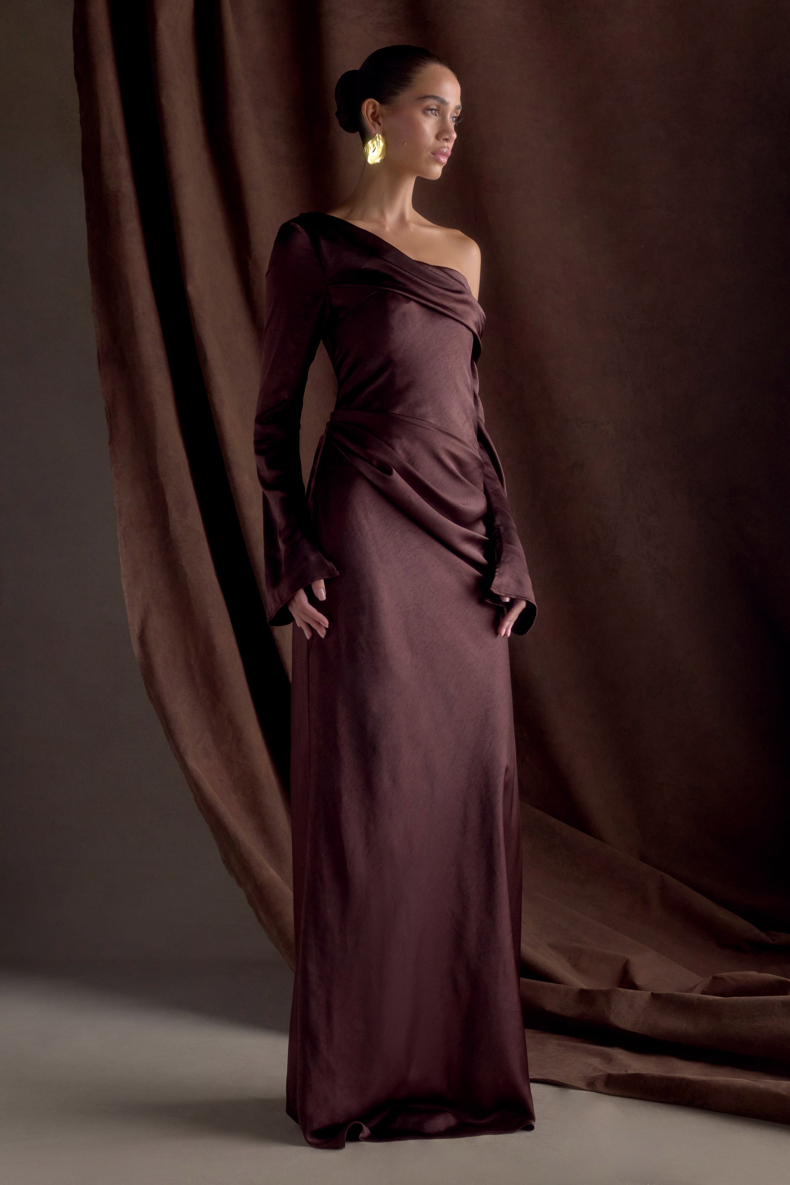 Iris Long Sleeve Satin Maxi Dress - Dark Chocolate - Image 3