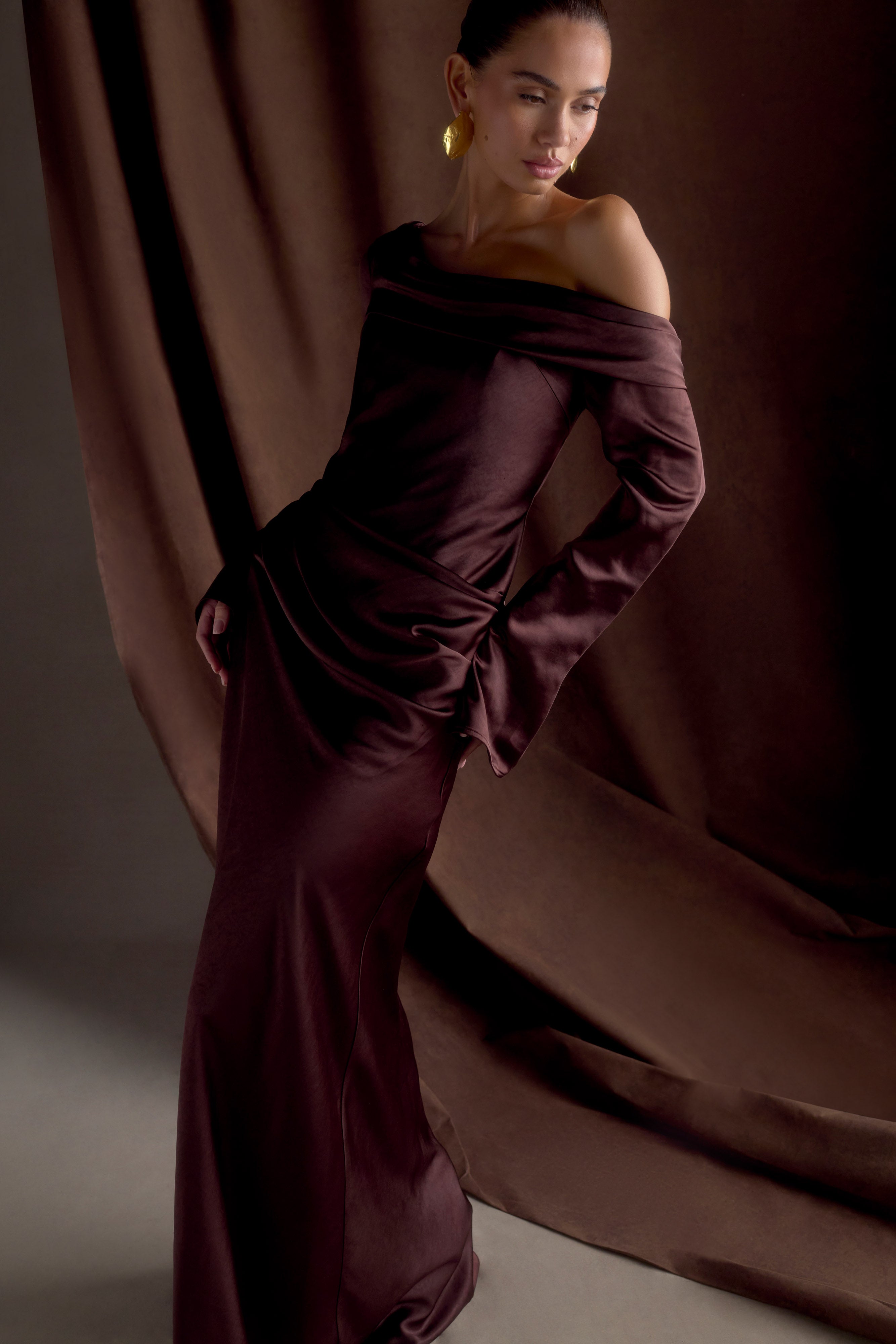 Iris Long Sleeve Satin Maxi Dress - Dark Chocolate - Image 8