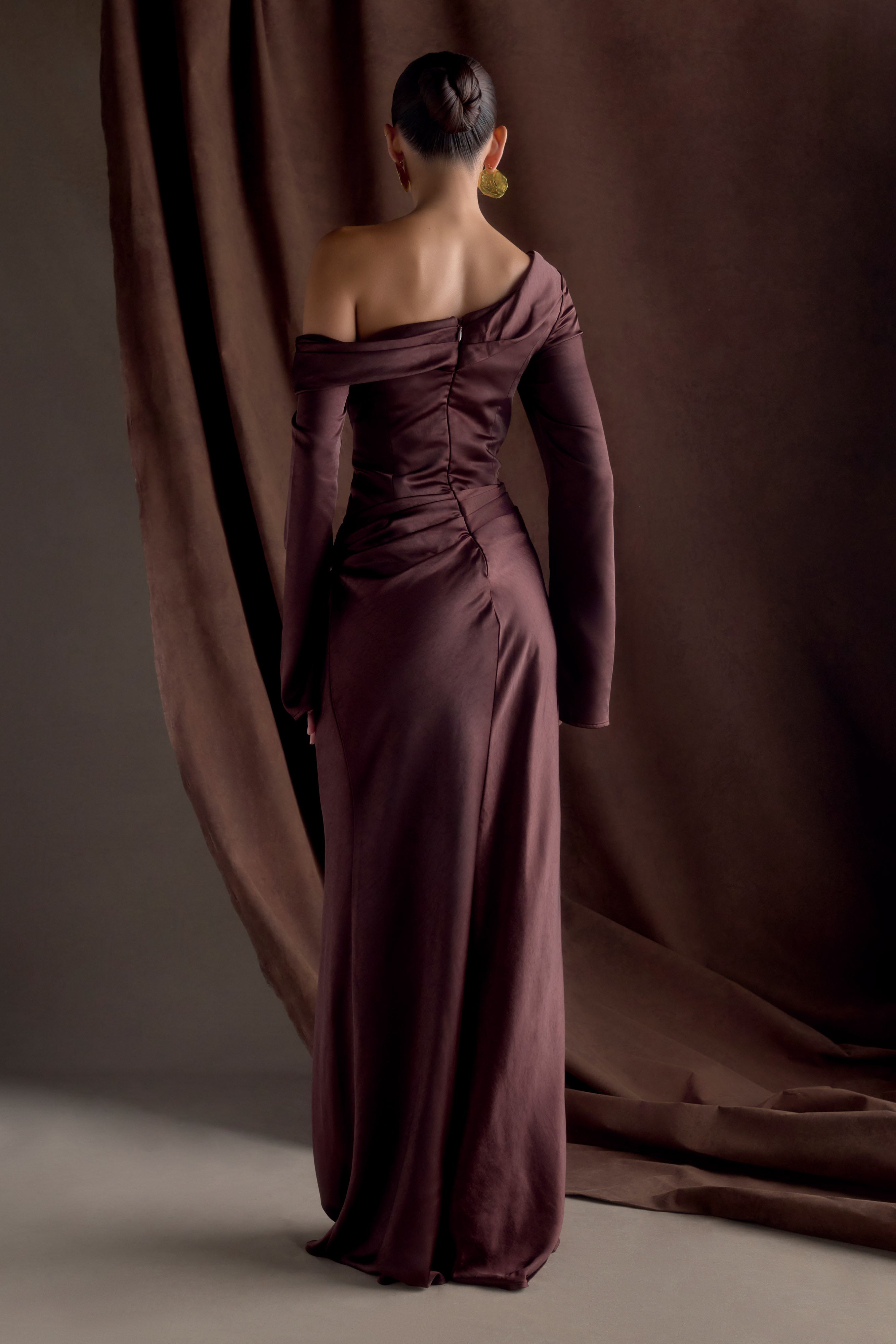 Alternative view of Iris Long Sleeve Satin Maxi Dress - Dark Chocolate