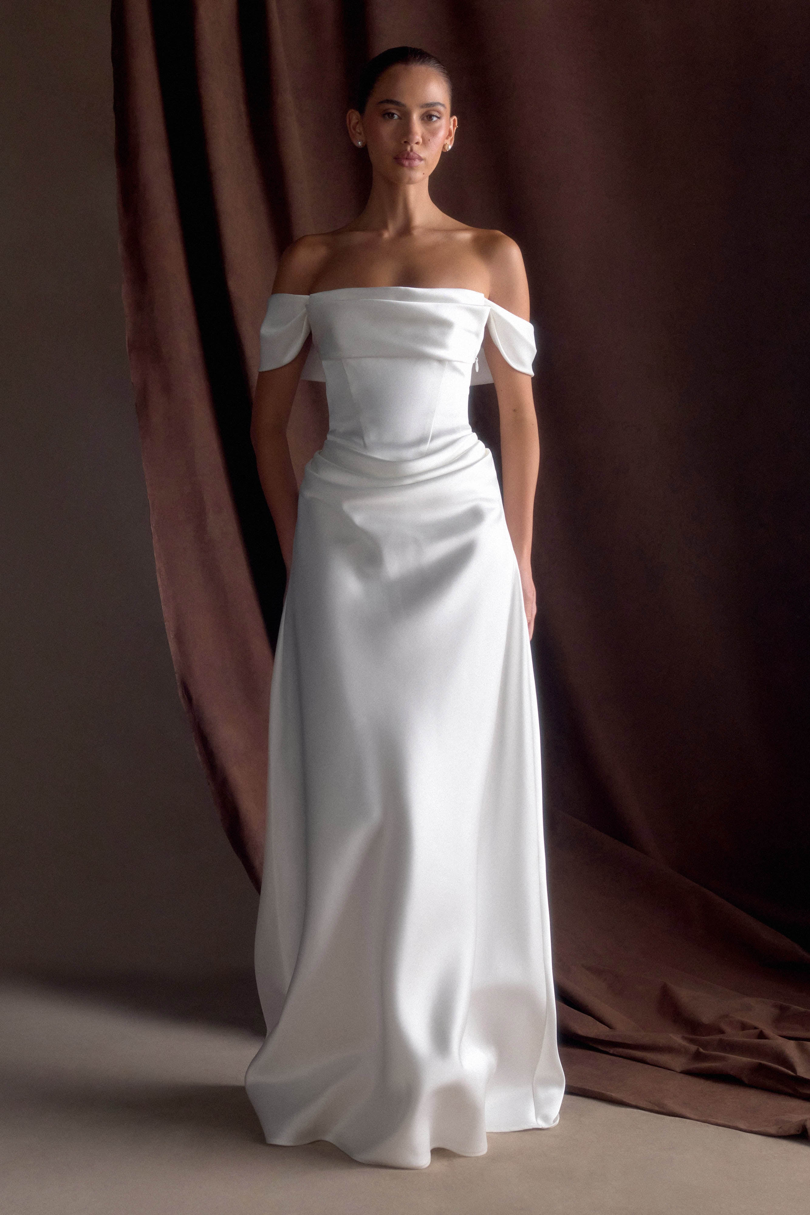 Luna Satin Off Shoulder Gown - White - Image 5