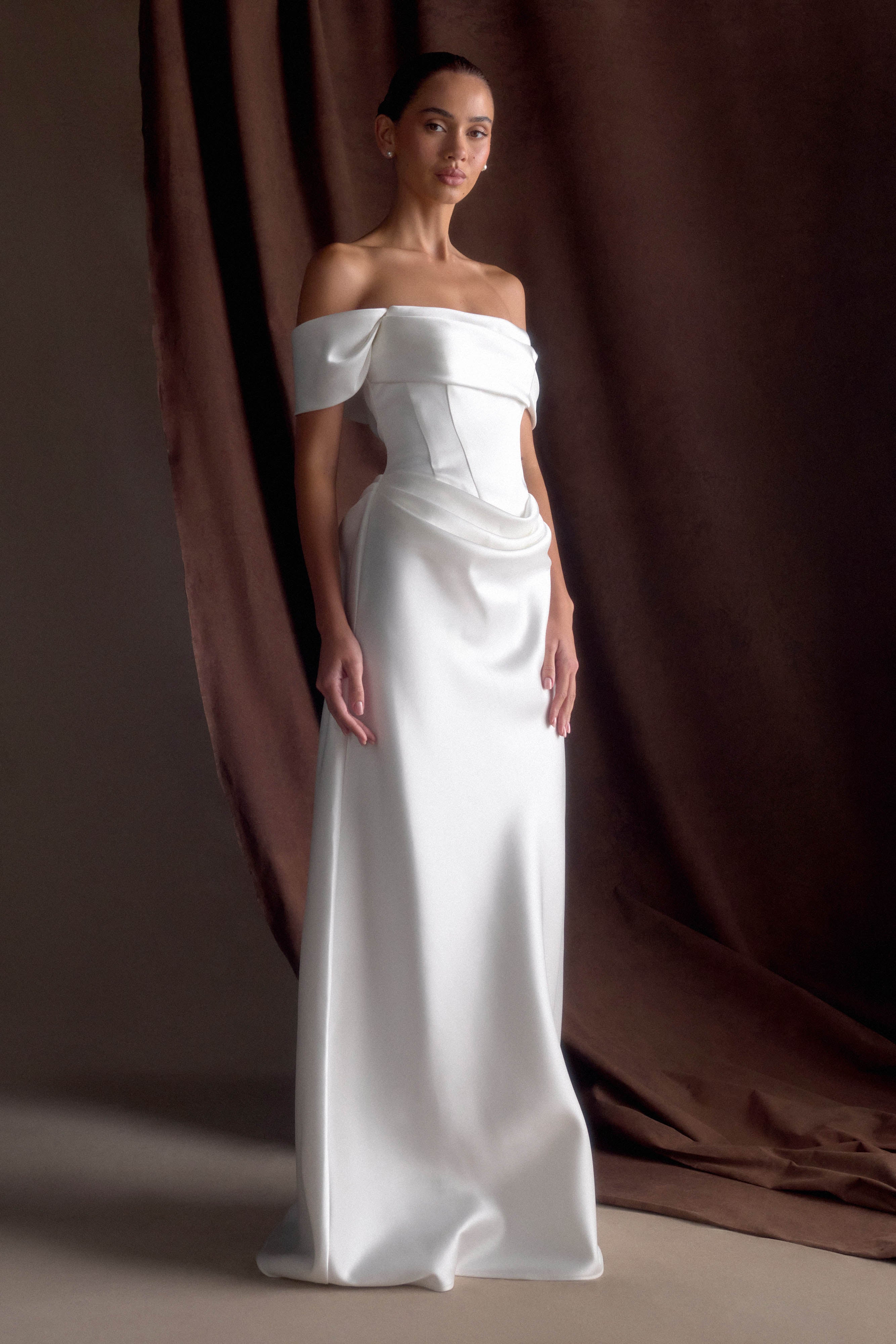 Luna Satin Off Shoulder Gown - White - Image 4