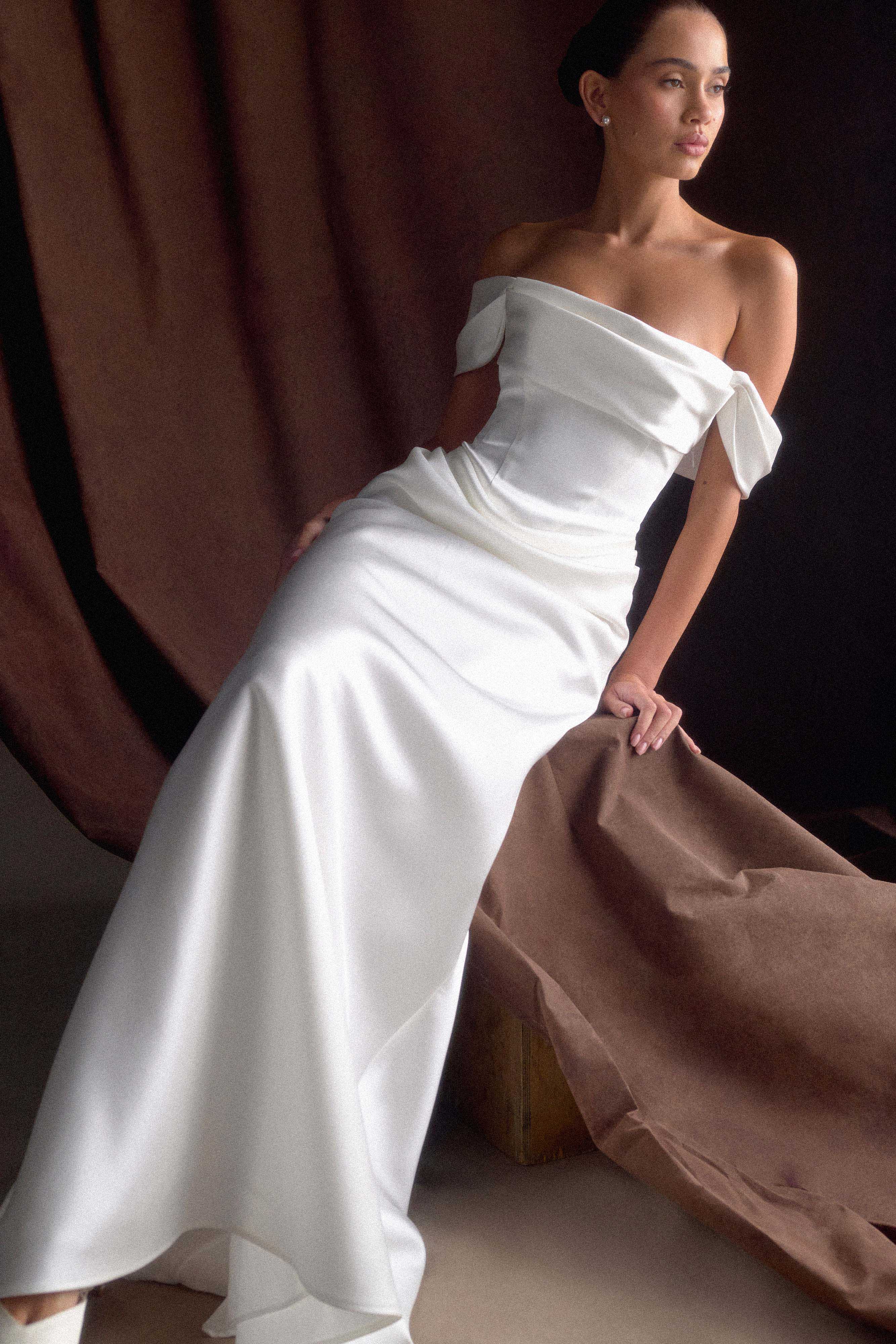 Luna Satin Off Shoulder Gown - White - Image 3