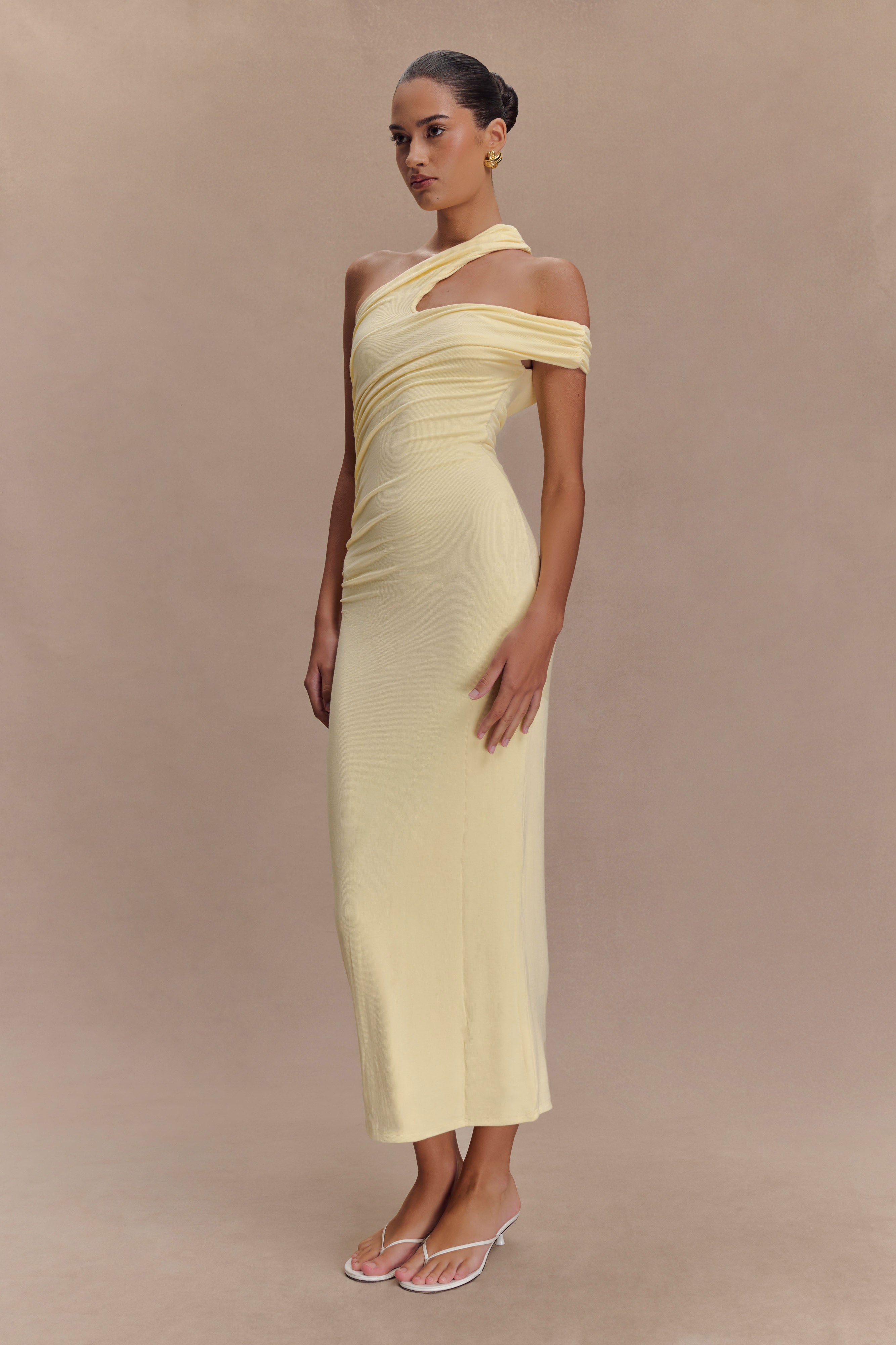Anastasia One Shoulder Modal Midi Dress - Pale Lemon - Image 5