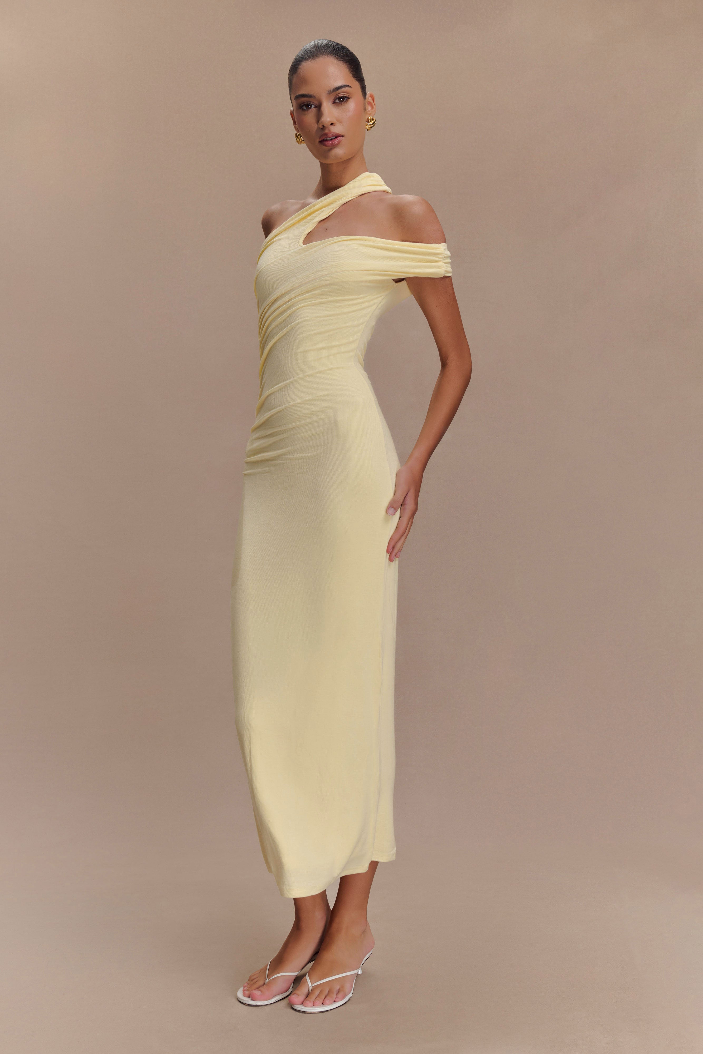 Anastasia One Shoulder Modal Midi Dress - Pale Lemon - Image 6