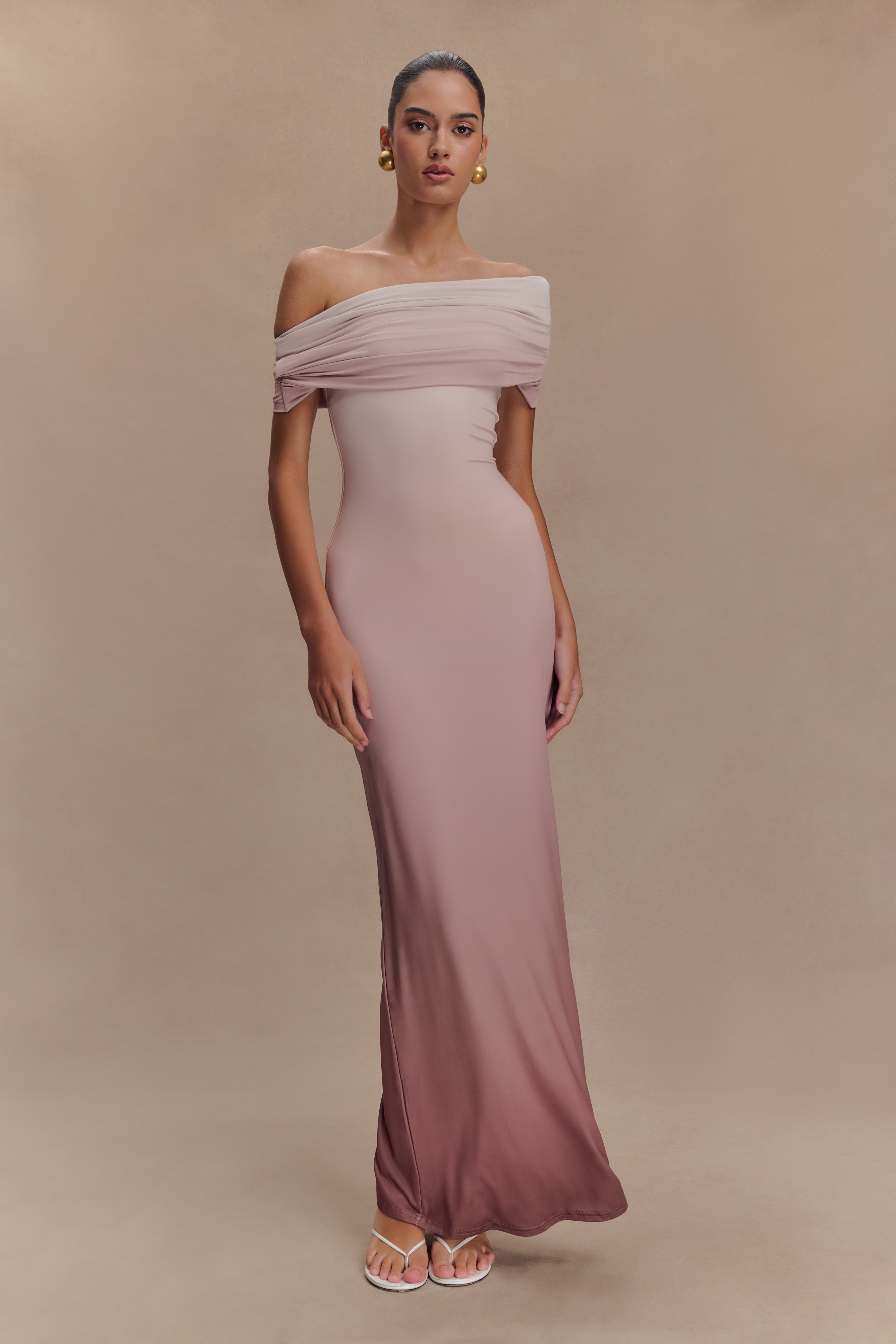 Cassandra Off Shoulder Slinky Maxi Dress - Neutral Ombre - Image 5