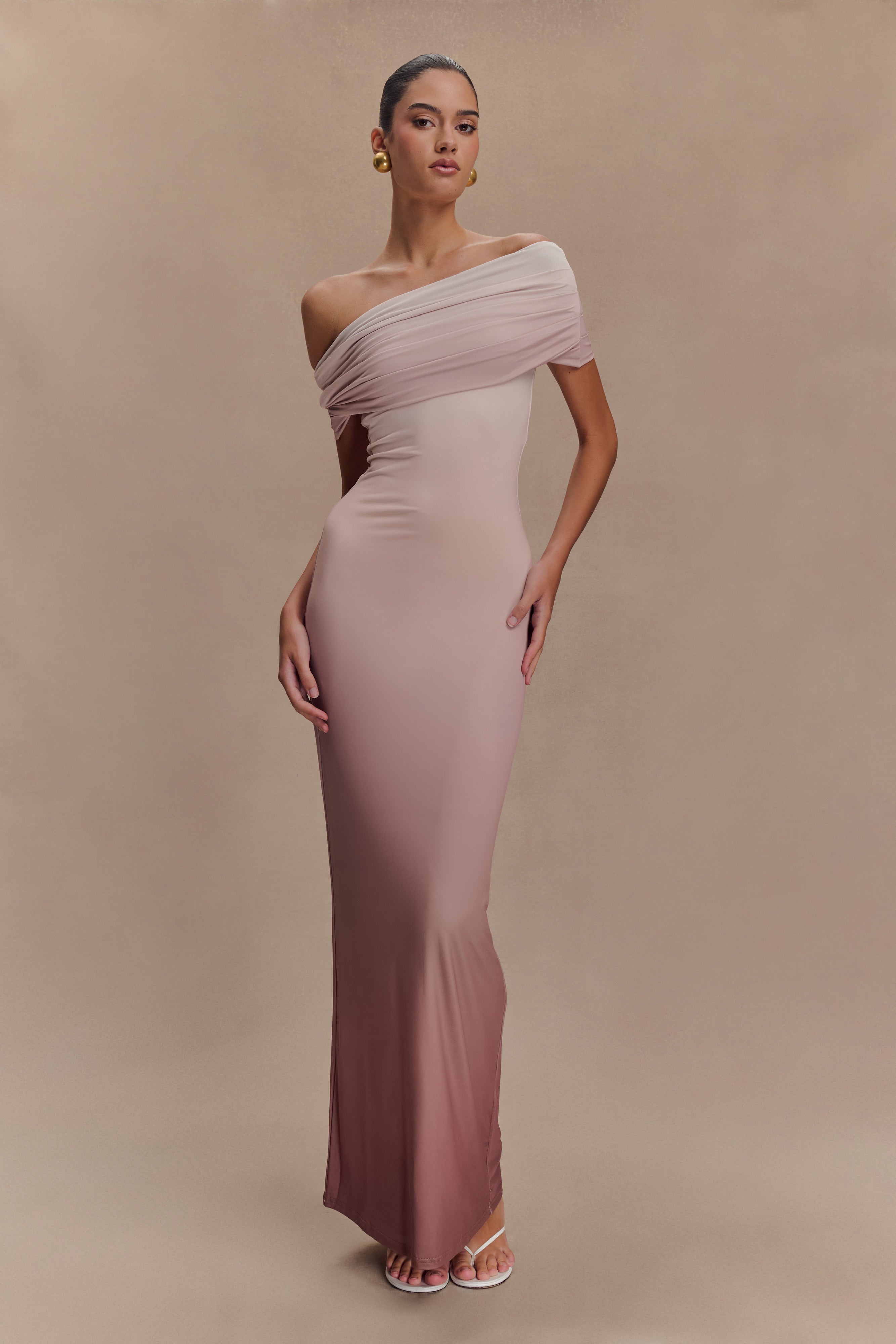 Cassandra Off Shoulder Slinky Maxi Dress - Neutral Ombre - Image 7