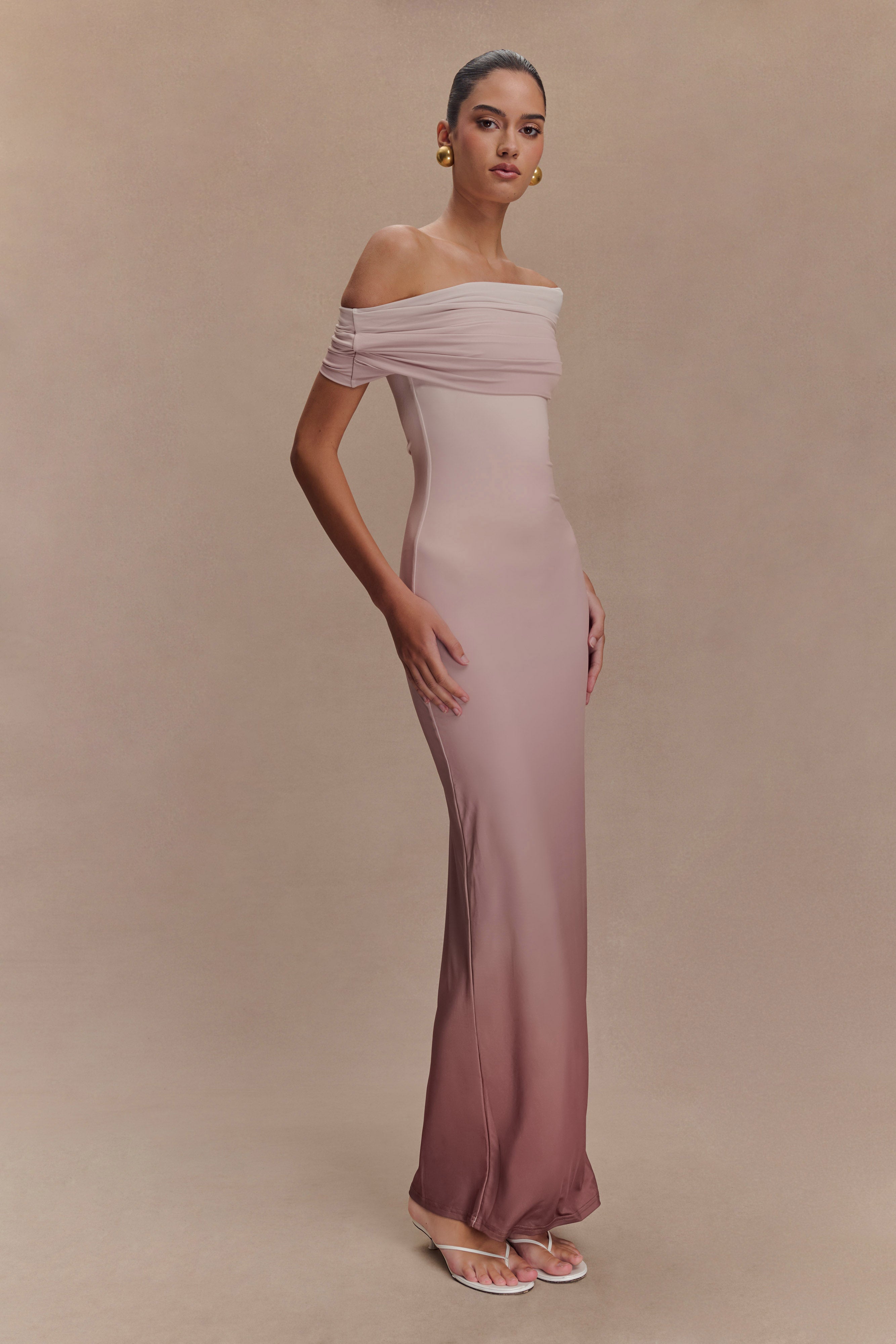 Cassandra Off Shoulder Slinky Maxi Dress - Neutral Ombre - Image 4
