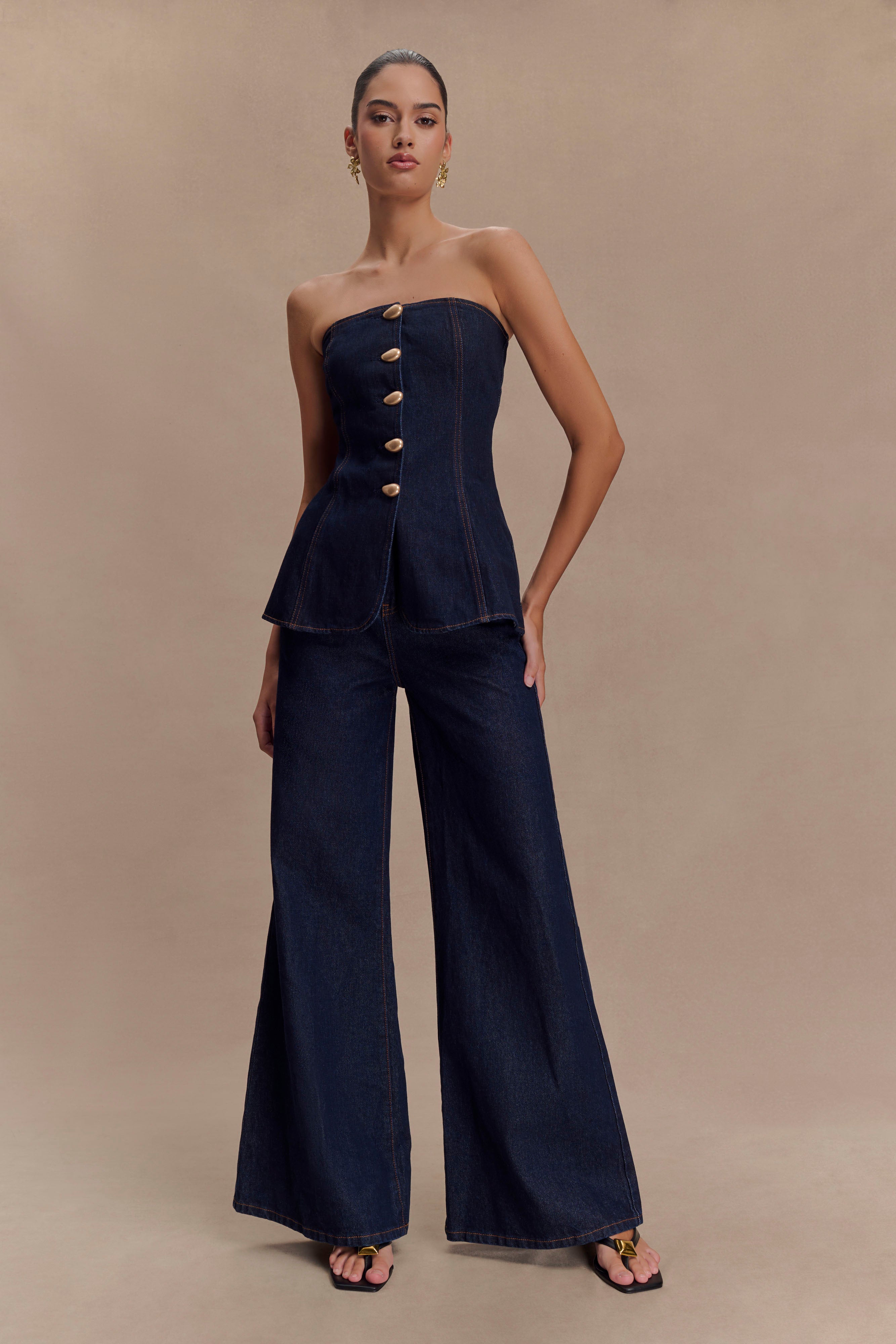 Lennox Strapless Long Line Button Top - Indigo Blue - Image 7