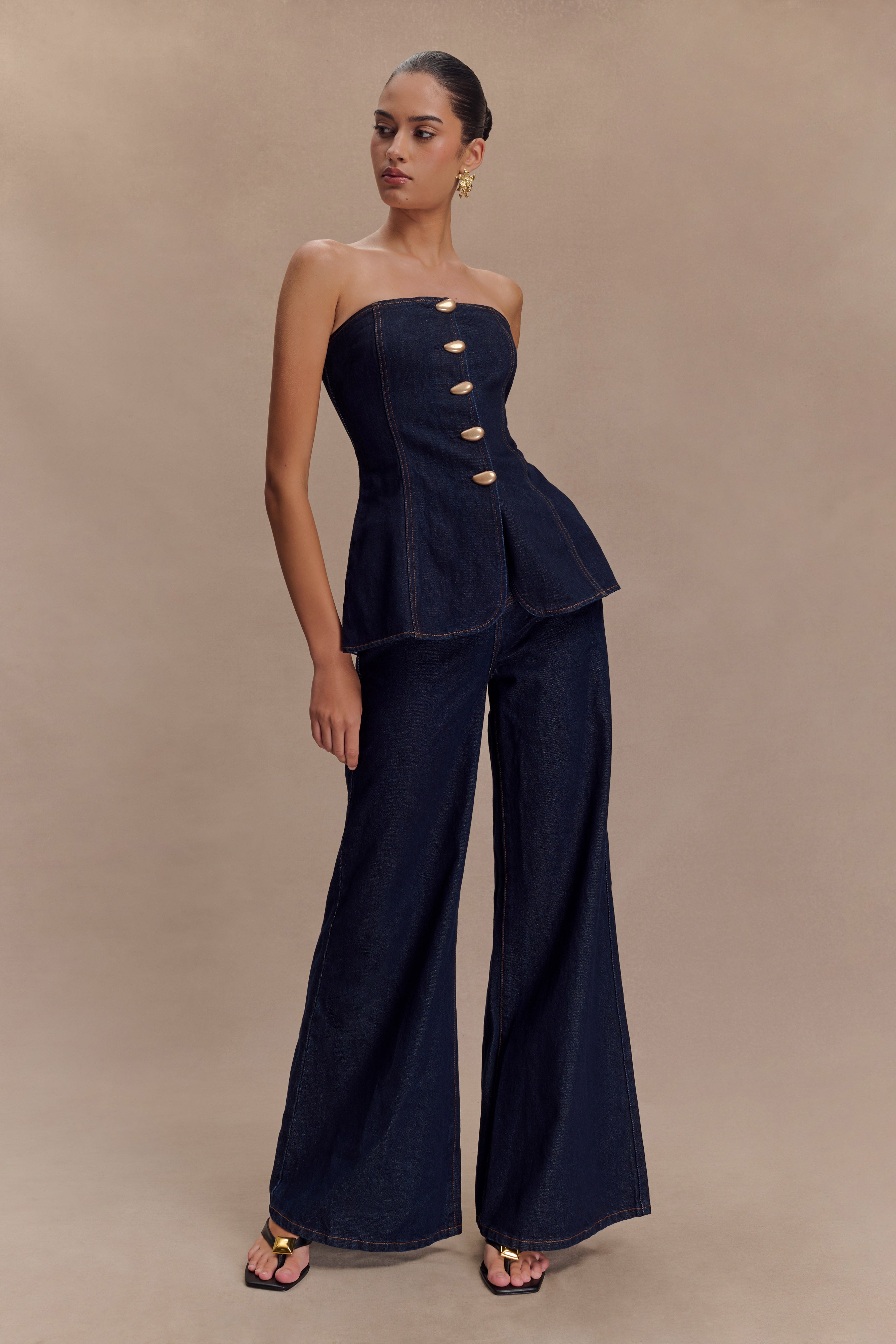 Lennox Strapless Long Line Button Top - Indigo Blue - Image 5
