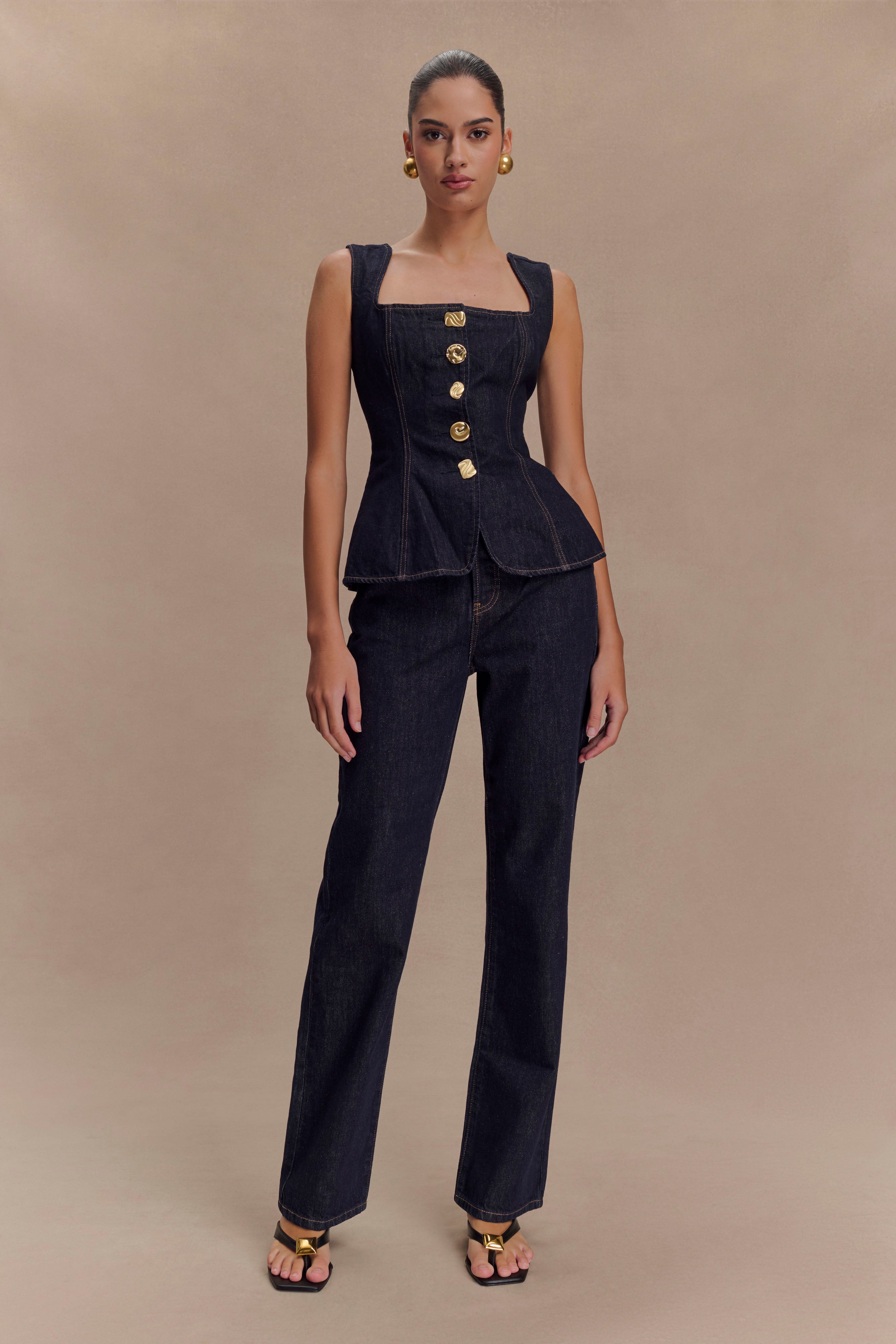Neve Sleeveless Buttoned Denim Top - Washed Indigo Blue - Image 6